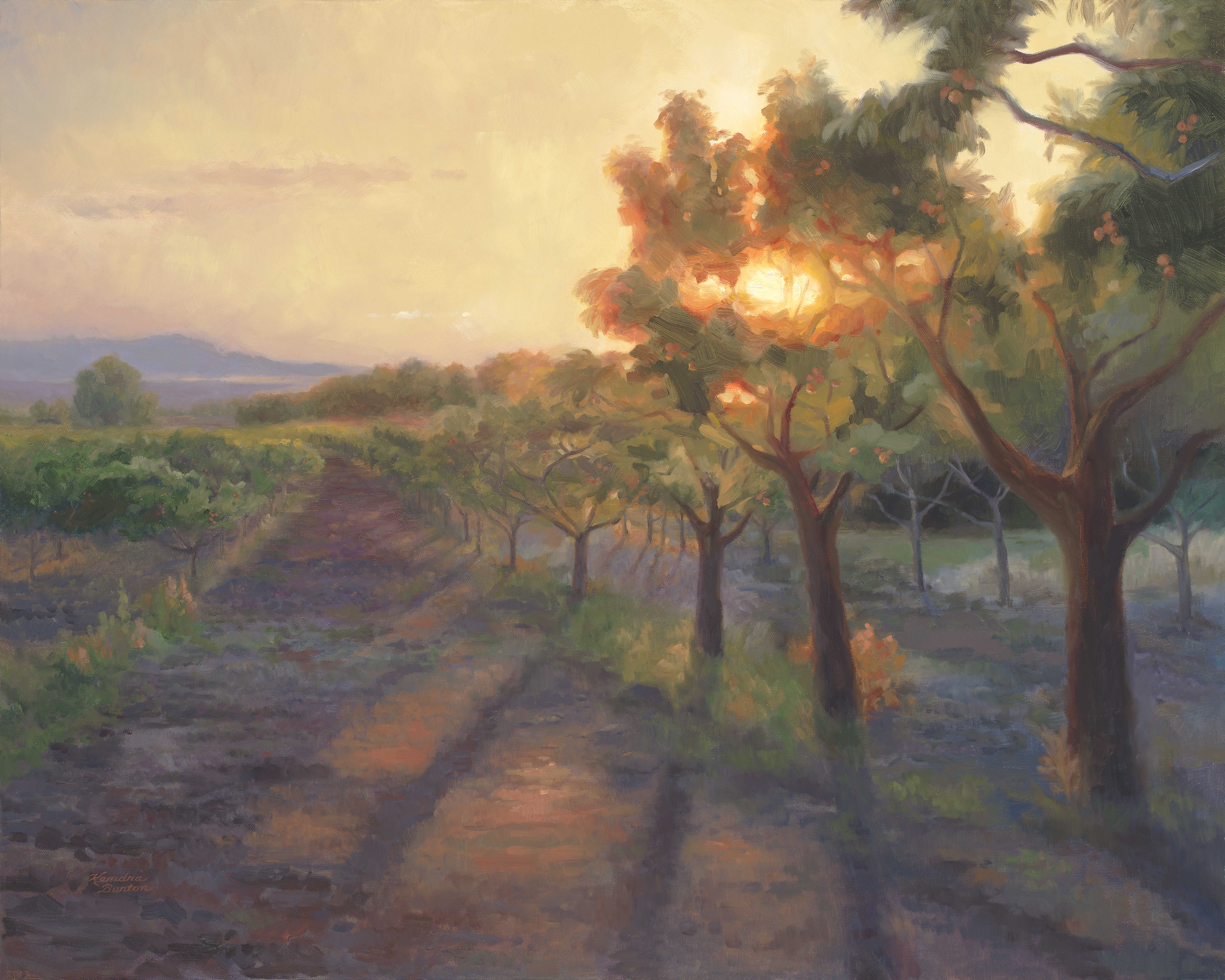 "Peach Orchard Sunset" by Kendra Burton.