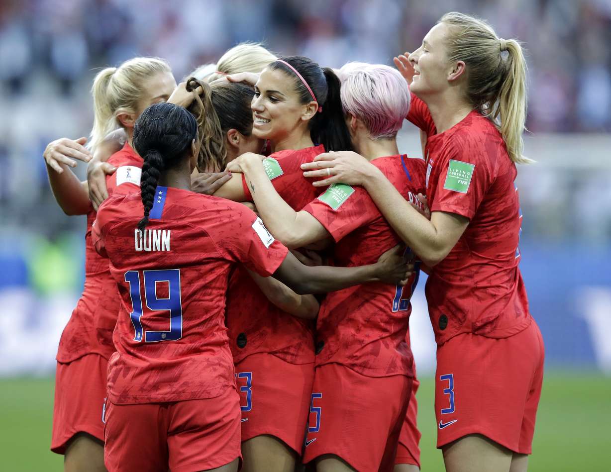 United States' Alex Morgan, center, celebrates after scoring the opening goal during the Women's World Cup Group F soccer match between United States and Thailand at the Stade Auguste-Delaune in Reims, France, Tuesday, June 11, 2019. (Photo: Alessandra Tarantino, AP)