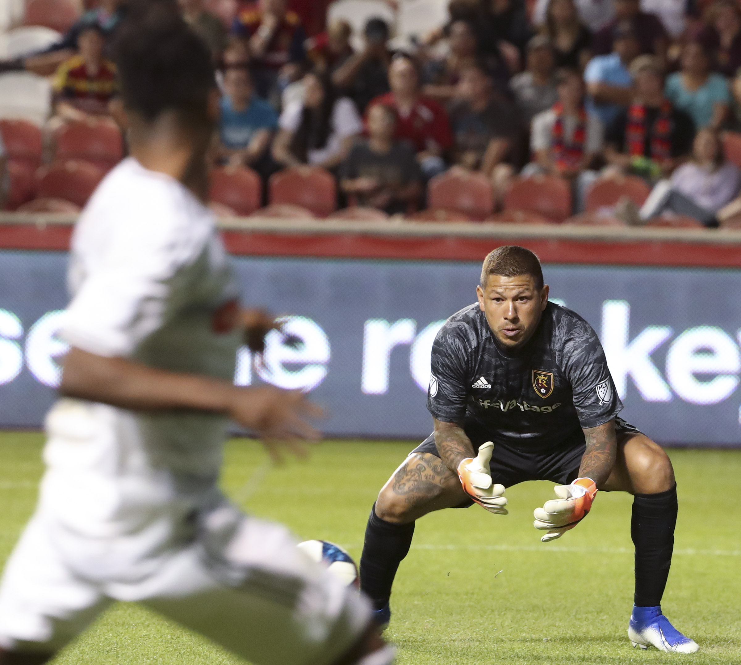 Real Salt Lake goalkeeper Nick Rimando (18) stops a shot from Los Angeles FC forward Latif Blessing (7) during the RSL versus LAFC U.S. Open Cup match at Rio Tinto Stadium in Sandy on Tuesday, June11, 2019. (Photo: Steve Griffin, KSL)