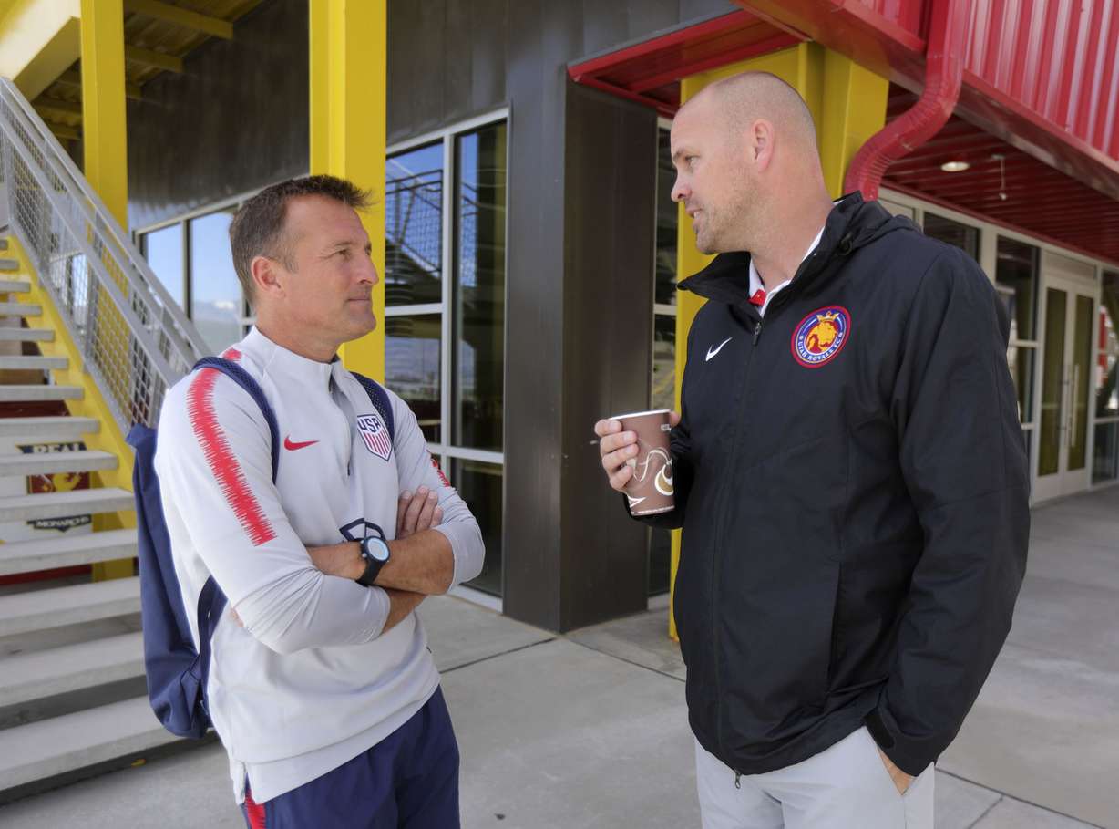 Former Real Salt Lake coach Jason Kreis talks with Real Salt Lake general manager Craig Waibel after a US U-23 men's training camp practice at the Zions Bank Real Academy training center in Herriman on Wednesday, June 12, 2019. (Photo: Kristin Murphy, KSL)