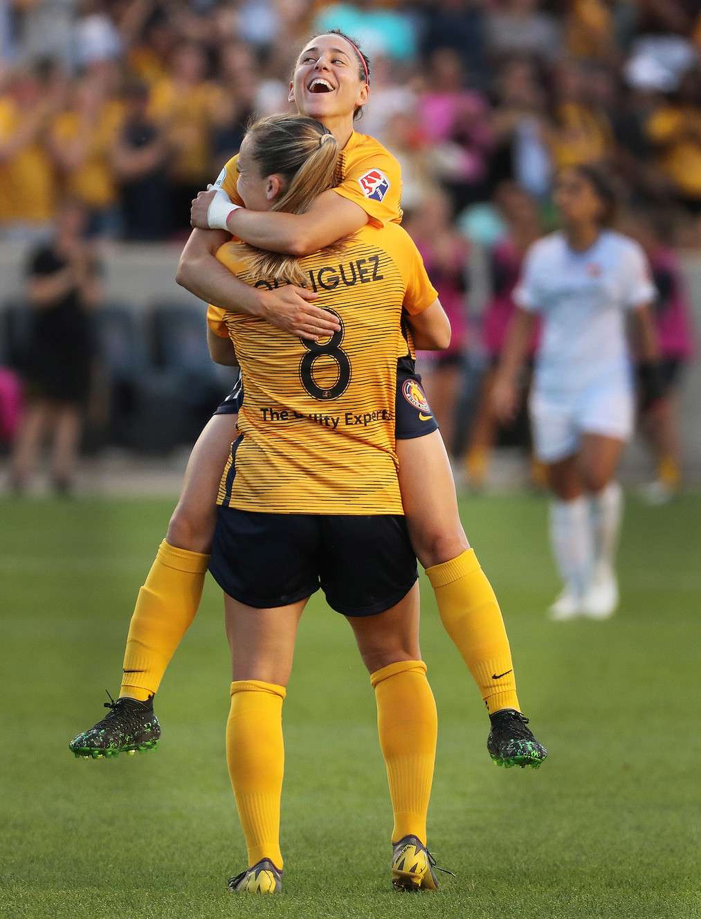 Utah Royals FC forward Amy Rodriguez (8) celebrates her goal with Utah Royals FC midfielder Verónica Boquete (21) against the Sky Blue FC in Sandy on Saturday, June 15, 2019. (Photo: Jeffrey D. Allred, KSL)