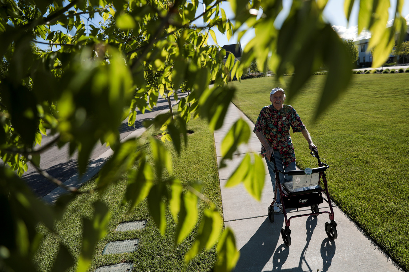 Jim Broadwater, 97, takes his morning walk outside of the Sagewood at Daybreak senior living center in South Jordan on Saturday, May 25, 2019. (Photo: Spenser Heaps, KSL)