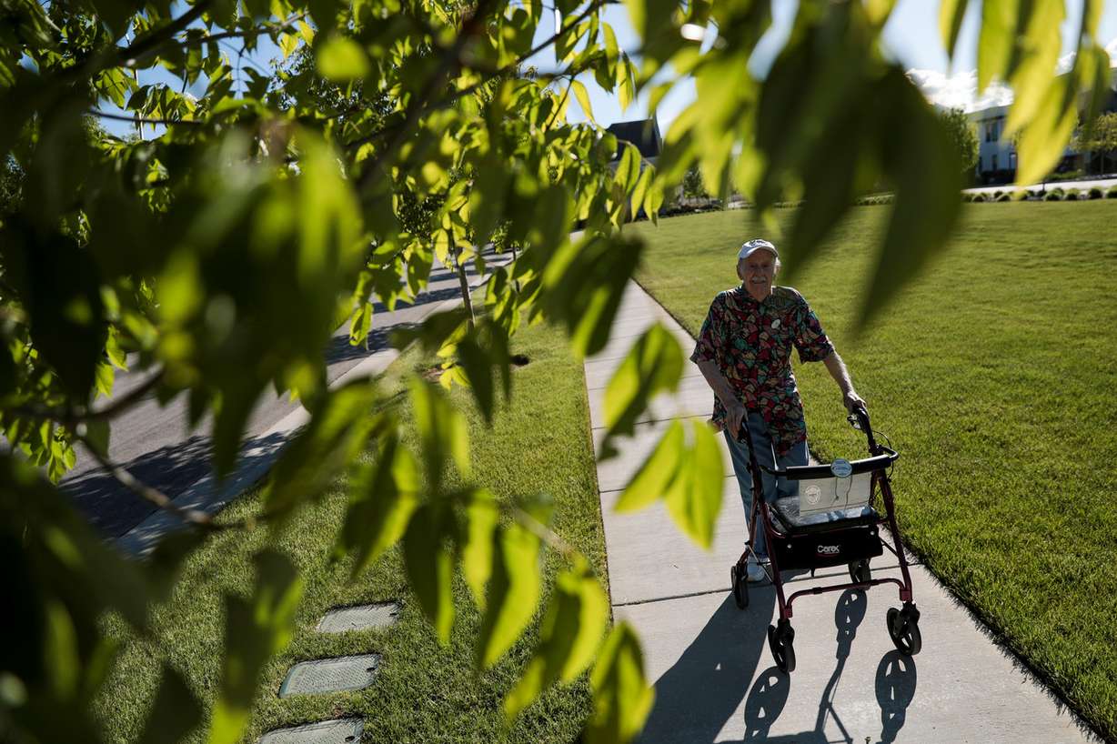 Jim Broadwater, 97, takes his morning walk outside of the Sagewood at Daybreak senior living center in South Jordan on Saturday, May 25, 2019. (Photo: Spenser Heaps, KSL)