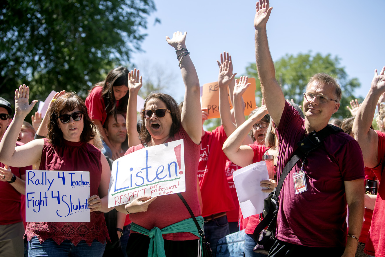 Salt Lake City School District teachers rally for a 6 percent pay increase at Innovations High School on Tuesday, June 18, 2019. (Photo: Scott G. Winterton, KSL)