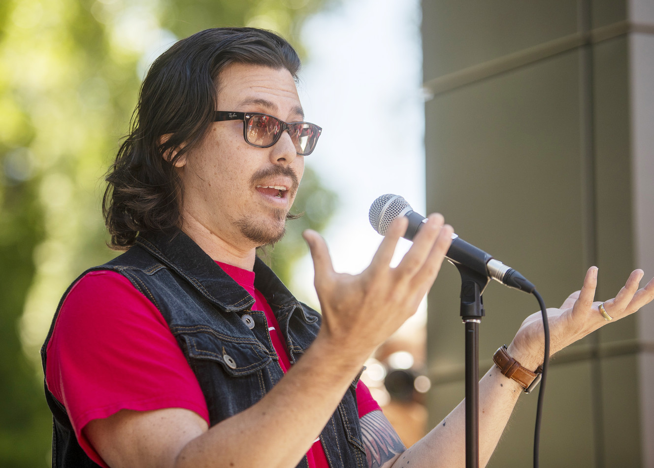John Arthur, a teacher in the Salt Lake City School District, speaks to fellow teachers during a rally for a 6 percent pay increase at Innovations High School on Tuesday, June 18, 2019. (Photo: Scott G. Winterton, KSL)