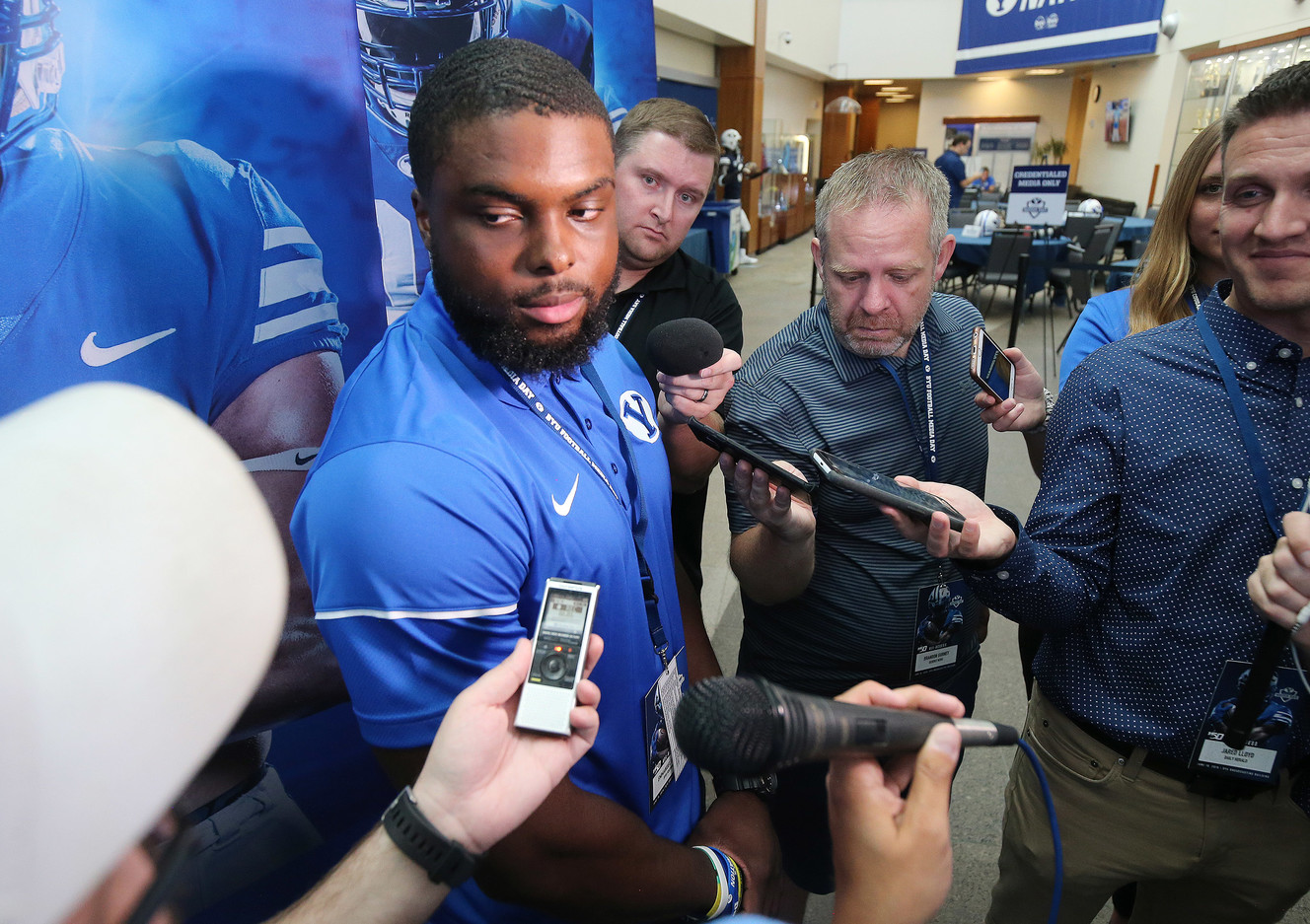 Emmanuel Esukpa speaks about transferring to BYU during football media day in Provo on Tuesday, June 18, 2019. (Photo: Jeffrey D. Allred, KSL)