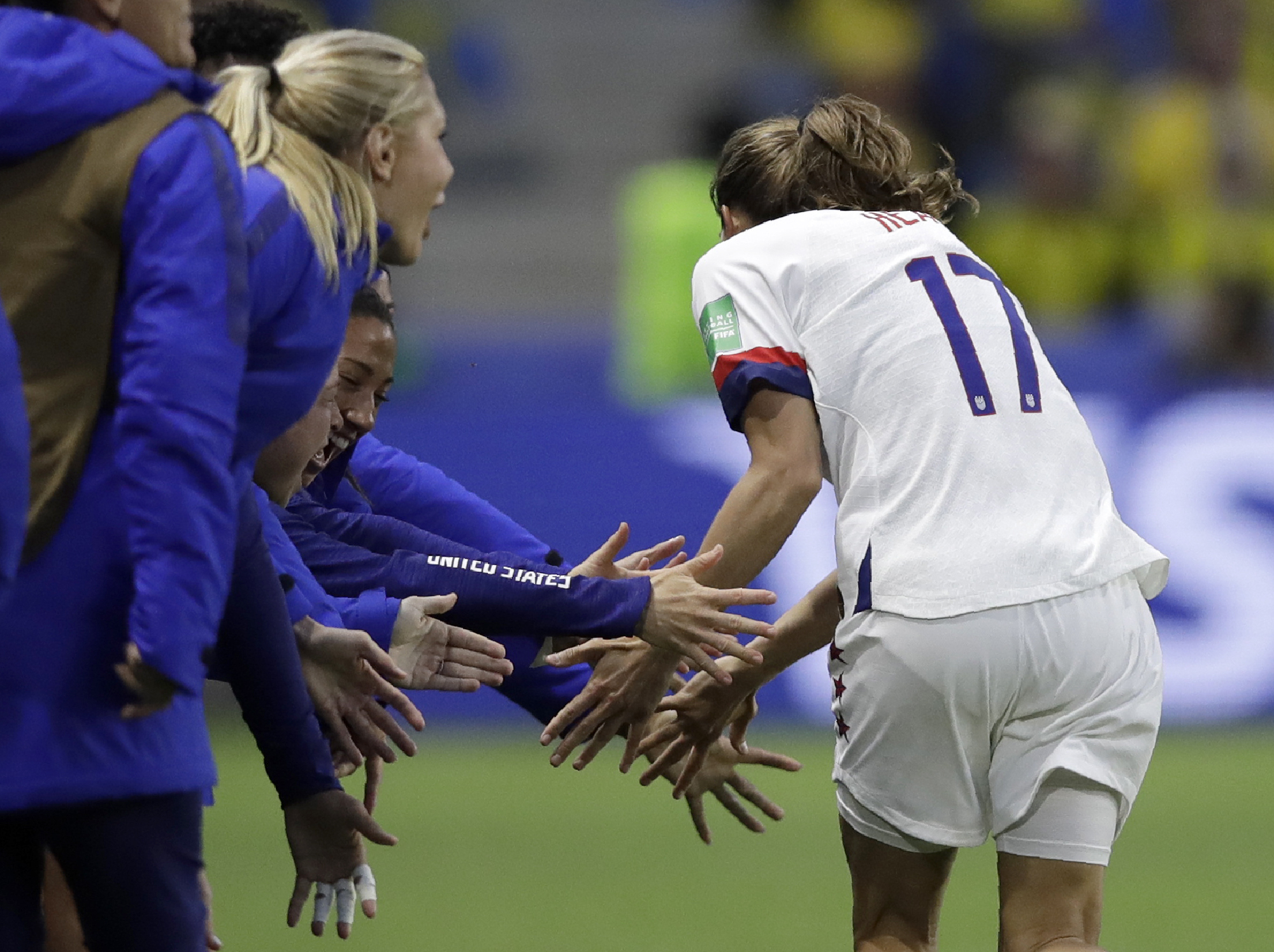 United States' Tobin Heath, right, celebrates with her teammates after their team's second goal during the Women's World Cup Group F soccer match between Sweden and the United States at Stade Océane, in Le Havre, France, Thursday, June 20, 2019. (Photo: Alessandra Tarantino, AP)