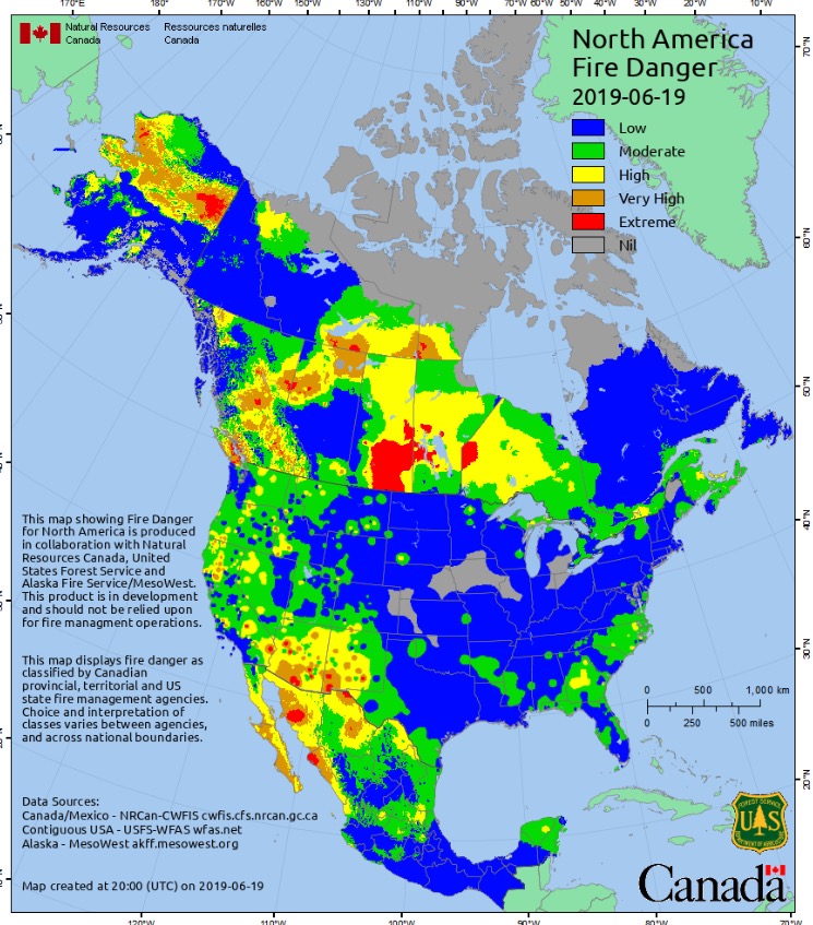 This map, created by the U.S. Forest Service's Wildland Fire Assessment System shows the probability for wildfires in North America as of June 19, 2019. (Photo: U.S. Forest Service)