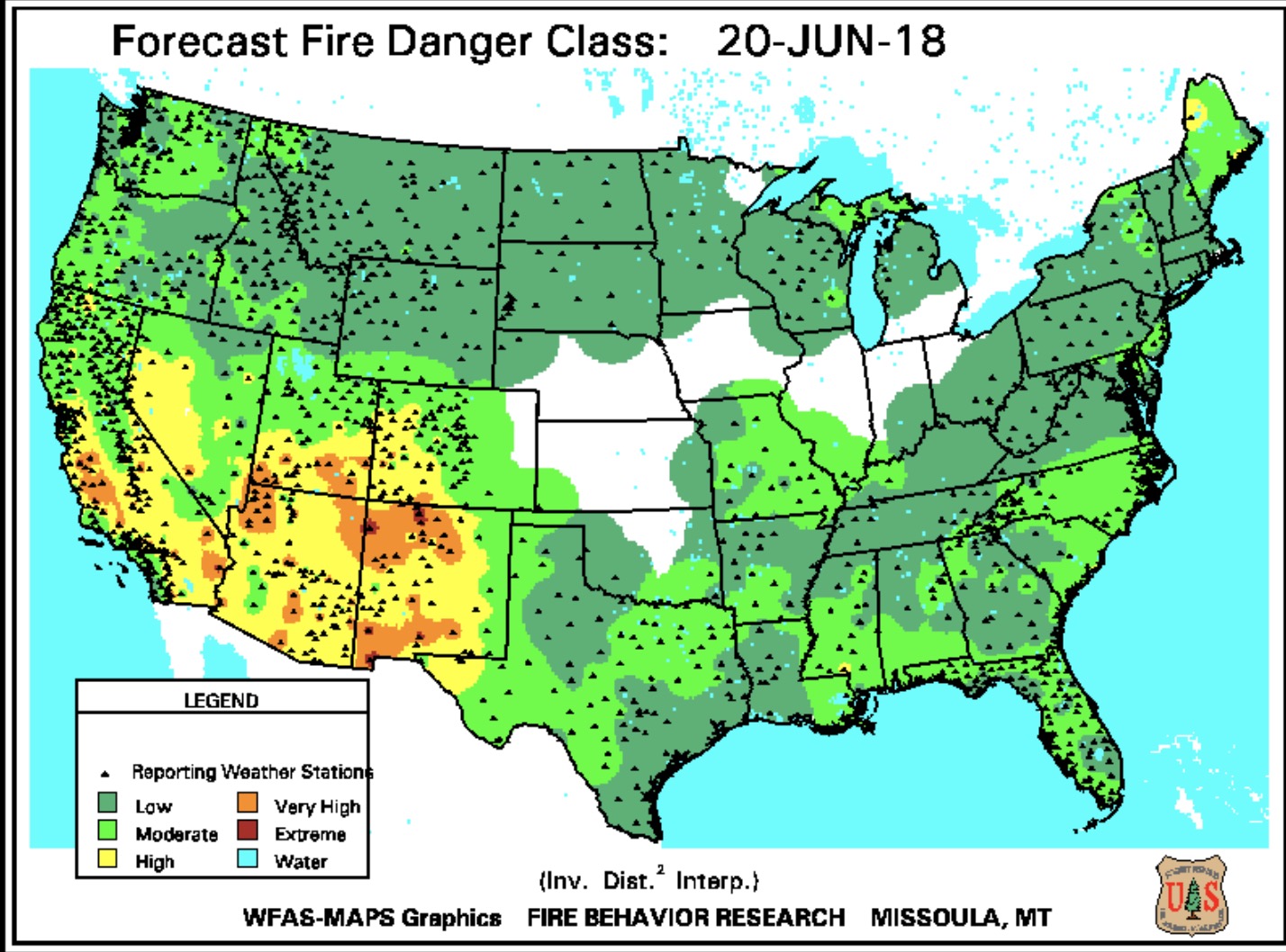 This map, created by the U.S. Forest Service's Wildland Fire Assessment System shows the probability for wildfires in the U.S. as of June 20, 2018. (Photo: U.S. Forest Service)