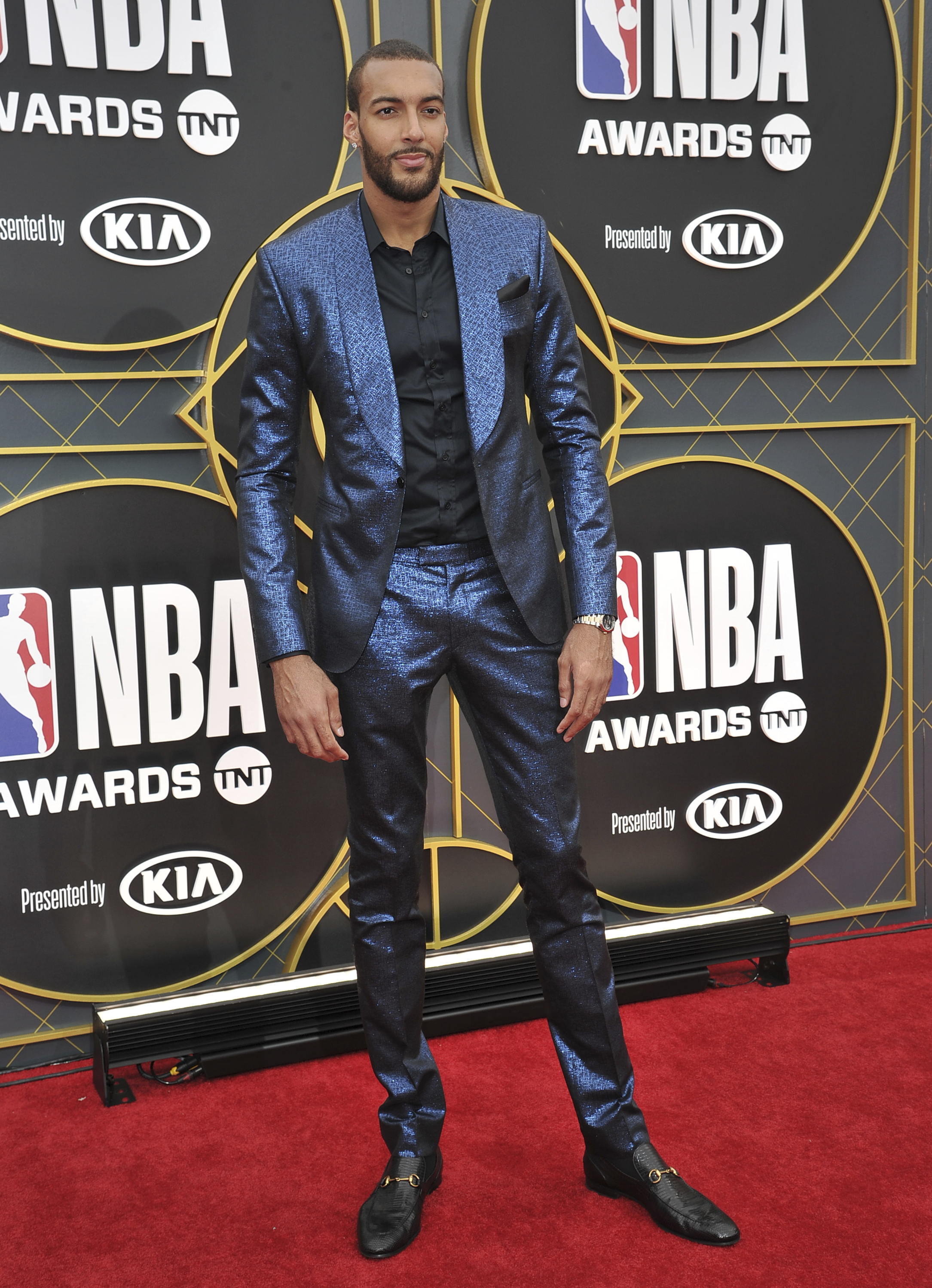 NBA player Rudy Gobert, of the Utah Jazz, arrives at the NBA Awards on Monday, June 24, 2019, at the Barker Hangar in Santa Monica, Calif. (Photo by Richard Shotwell/Invision/AP)