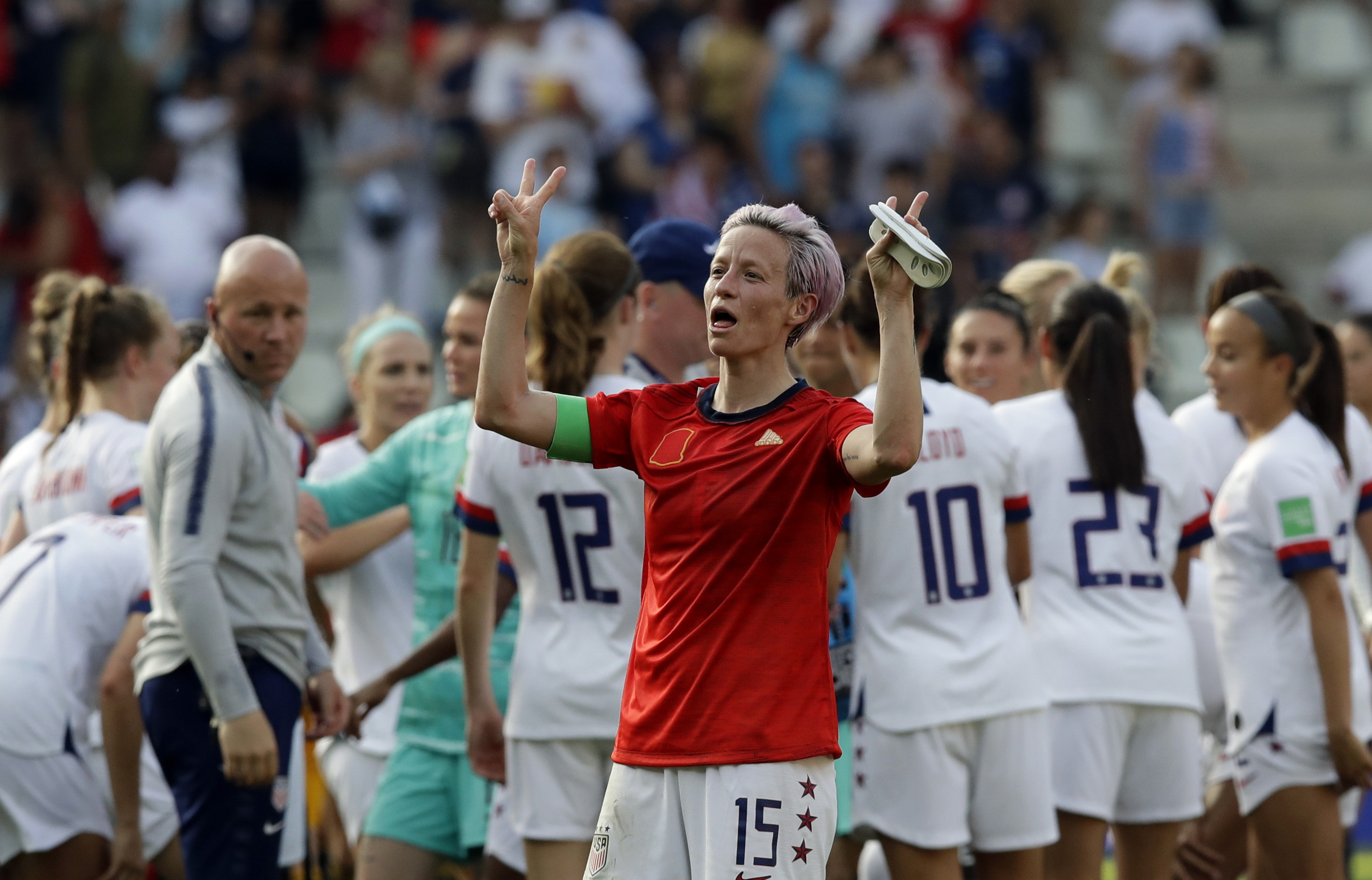 United States' Megan Rapinoe celebrates at the end of the Women's World Cup round of 16 soccer match between Spain and US at the Stade Auguste-Delaune in Reims, France, Monday, June 24, 2019. US beat Spain 2-1. (Photo: Alessandra Tarantino, AP)