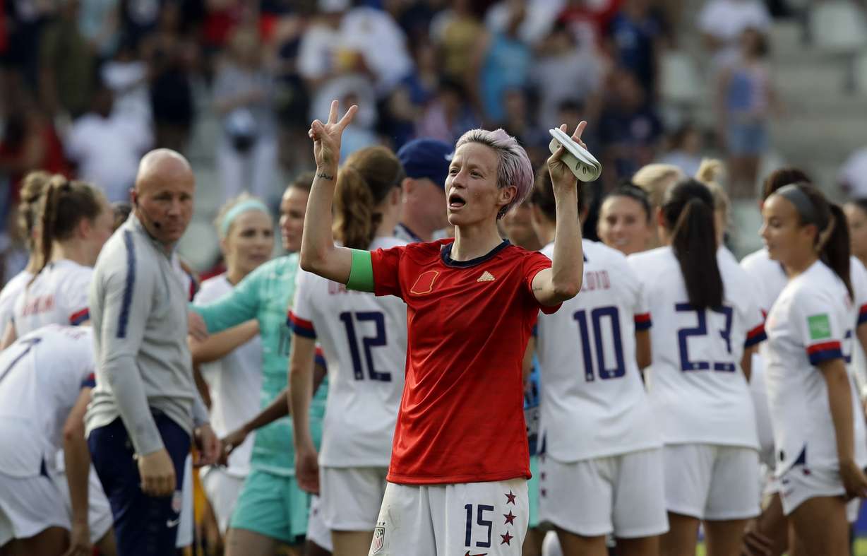 United States' Megan Rapinoe celebrates at the end of the Women's World Cup round of 16 soccer match between Spain and US at the Stade Auguste-Delaune in Reims, France, Monday, June 24, 2019. US beat Spain 2-1. (Photo: Alessandra Tarantino, AP)