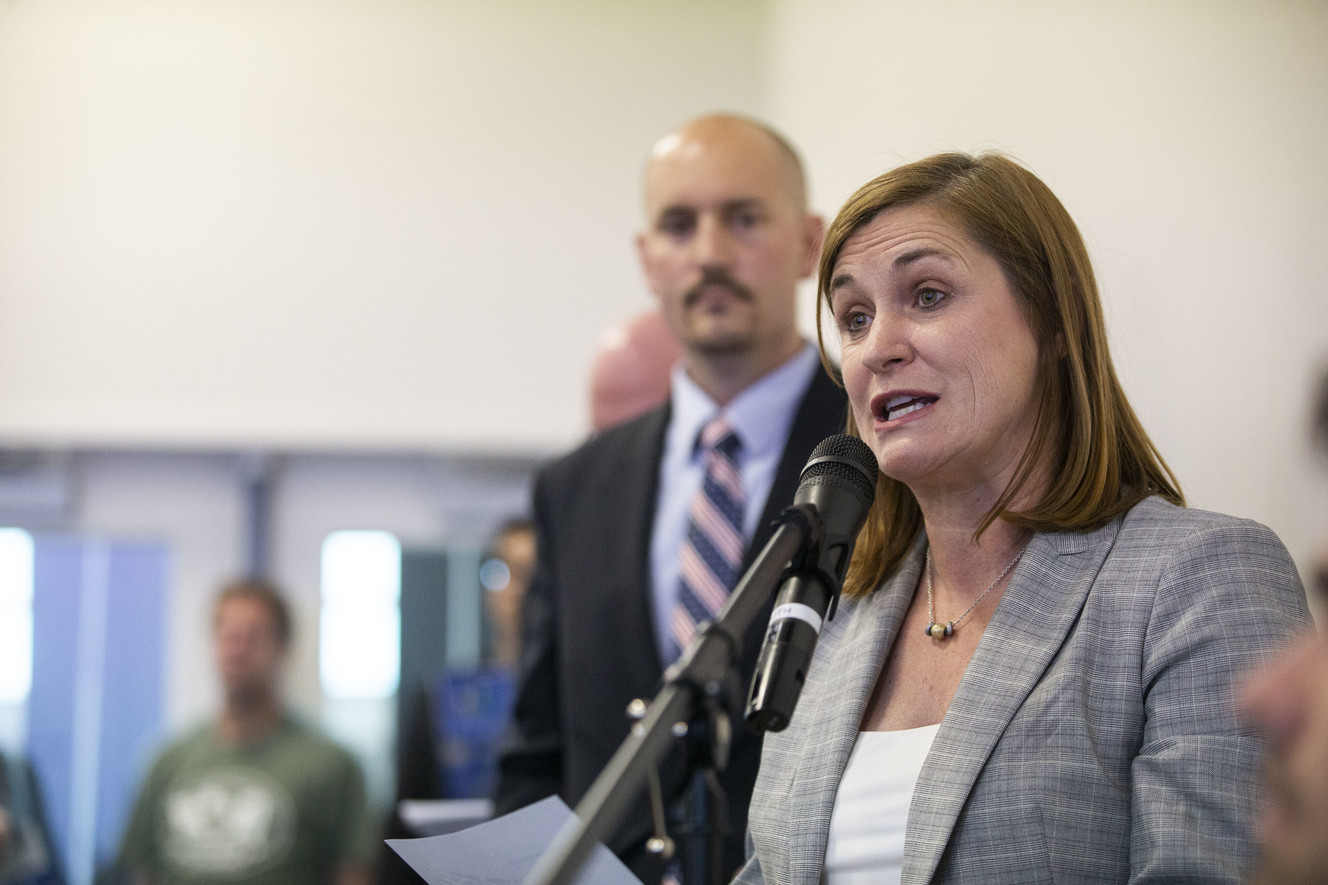 Salt Lake County Mayor Jenny Wilson gives a public statement during a town hall meeting conducted by the Tax Restructuring and Equalization Task Force at the Element Event Center in Kearns on Thursday, June 27, 2019. The meeting was one of eight meant to inform attendees about the issue and answer their questions. (Photo: Silas Walker, KSL)