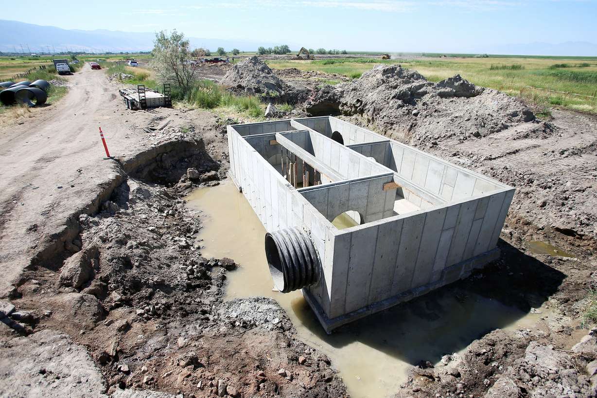 A large concrete water diversion box, part of a project to build three wildlife-friendly wetland basins at the Great Salt Lake Shorelands Preserve near Kaysville, is pictured on Tuesday, July 9, 2019. (Photo: Scott G Winterton, KSL)
