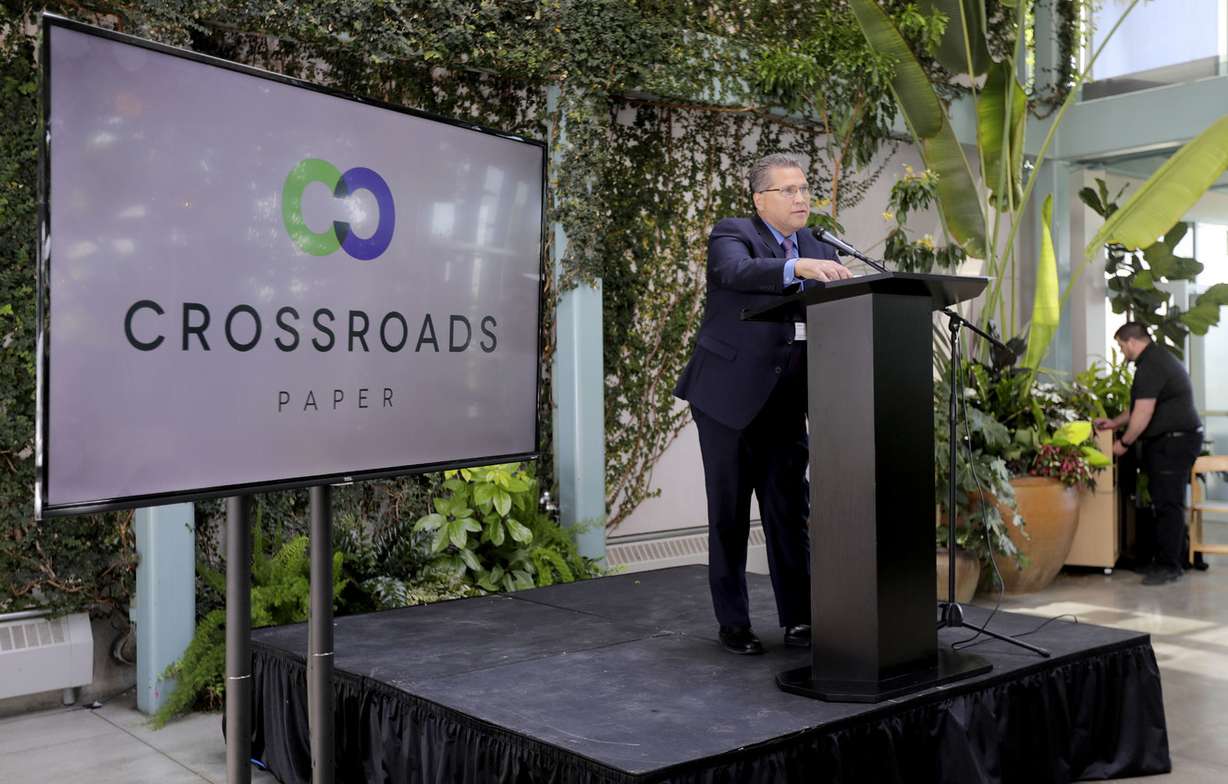 John Sasine, Crossroads Paper CEO, speaks during an event at Red Butte Garden in Salt Lake City on Wednesday, July 10, 2019, where the company announced it will construct a mill to turn used cardboard boxes and residential mixed paper into new paper. (Photo: Kristin Murphy, KSL)