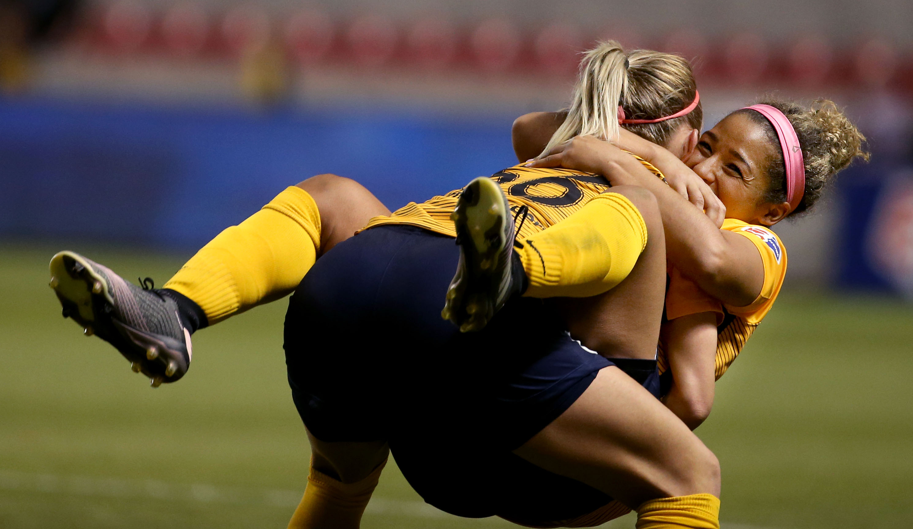 Utah's Gunnhildur Jonsdottir celebrates with Desiree Scott after beating Chicago at Rio Tinto Stadium in Sandy on Friday, May 3, 2019. (Photo: Laura Seitz, KSL)