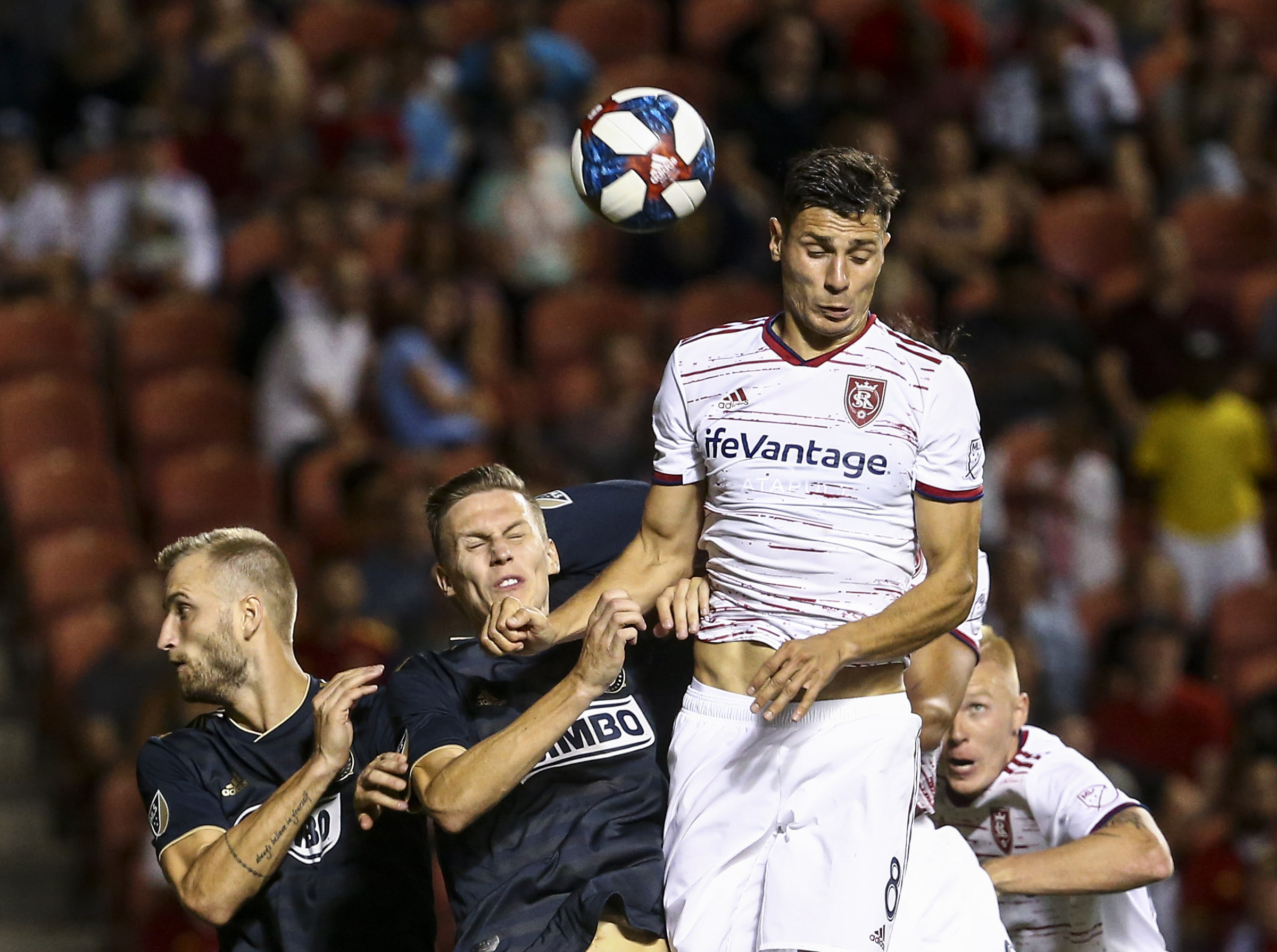 Real Salt Lake midfielder Damir Kreilach (8) takes the header on a corner kick during the second half of a game at Rio Tinto Stadium in Sandy on Saturday, July 13, 2019. (Photo: Colter Peterson, KSL)