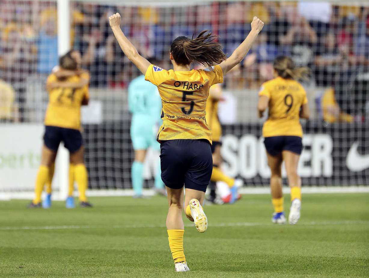 Utah Royals FC defender Kelley O'Hara (5) celebrates a Royals goal during a soccer game against the Portland Thorns FC in a soccer game at Rio Tinto Stadium in Sandy on Friday, July 19, 2019. (Photo: Kristin Murphy, KSL)