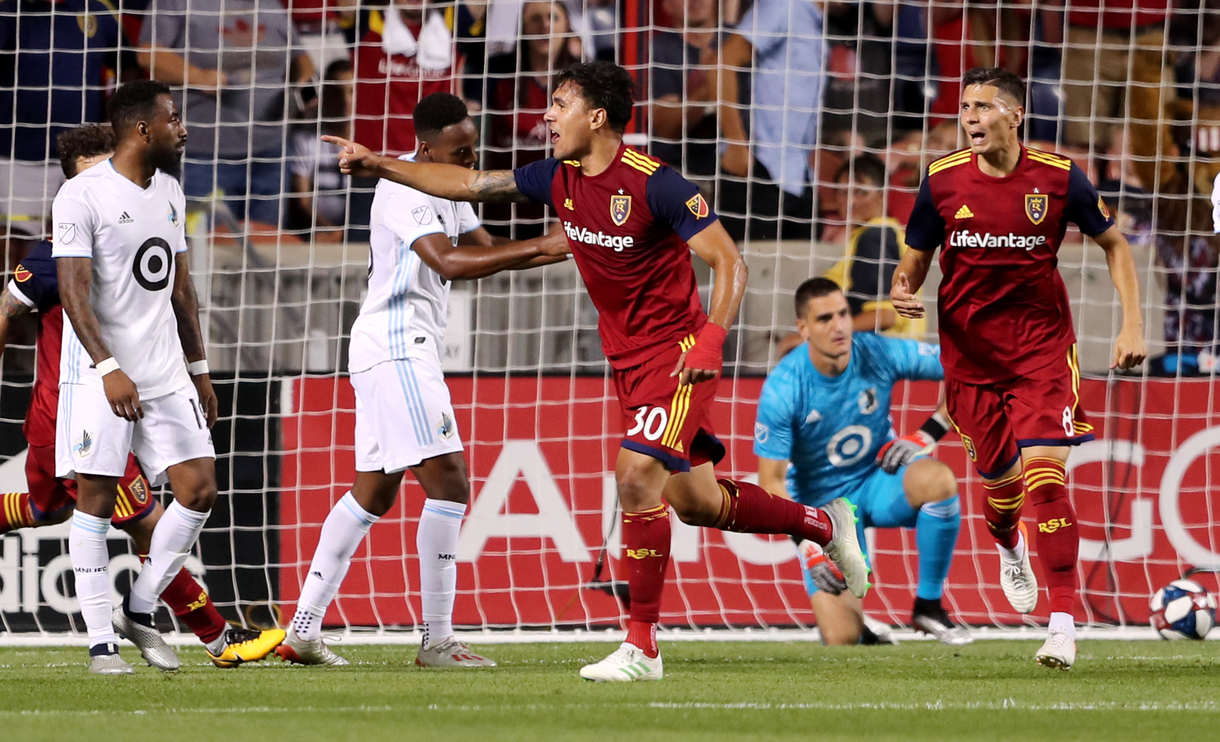 Real Salt Lake defender Marcelo Silva (30) celebrates after scoring the game-tying goal as Real Salt Lake and Minnesota play in an MLS soccer match at Rio Tinto Stadium in Sandy on Saturday, July 20, 2019. The two teams played to a 1-1 draw. (Photo: Scott G Winterton, KSL)
