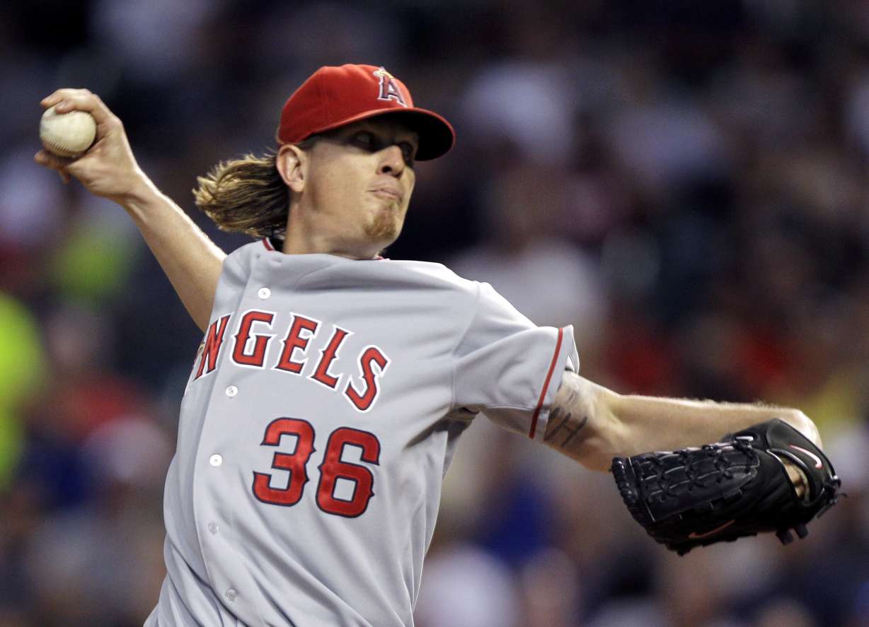 Los Angeles Angels' Jered Weaver pitches against the Cleveland Indians during the seventh inning of a baseball game, Tuesday, July 26, 2011, in Cleveland. Weaver gave up one run in seven innings and got the win in the Angels 2-1 victory. (Mark Duncan, AP Photo, File)