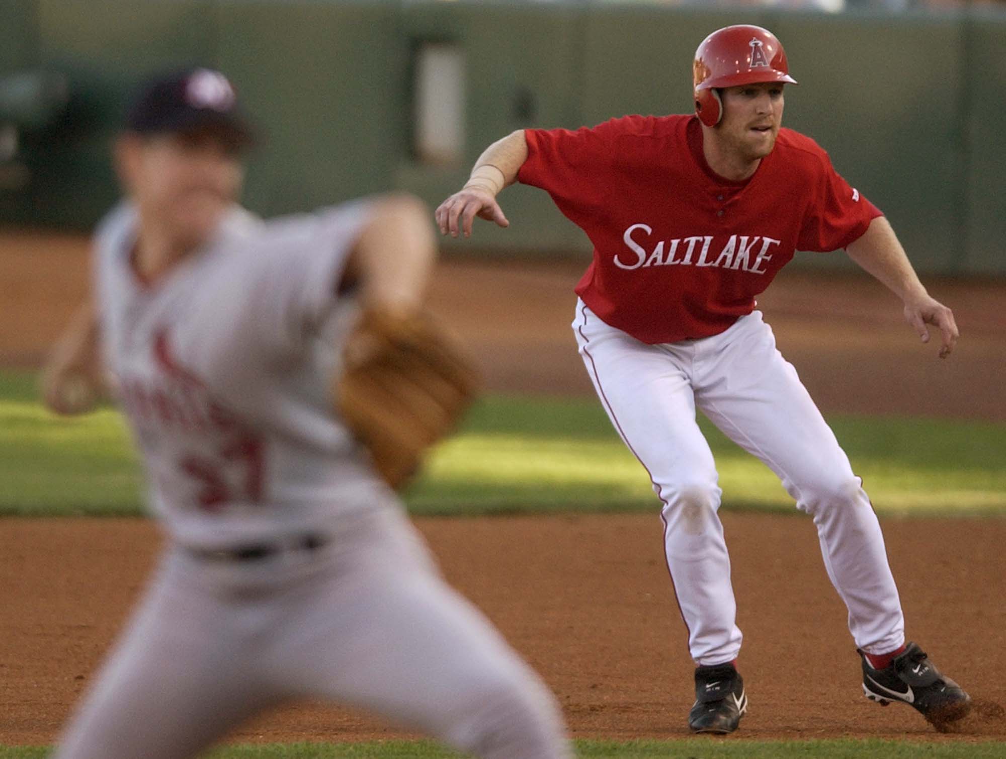 Salt Lake Stingers' center fielder Darin Erstad leads off of first base Friday night against the Memphis Redbirds at Franklin Covey Field in June 6, 2003, in Salt Lake City (Photo: Keith Johnson, Deseret News Photo Archives)