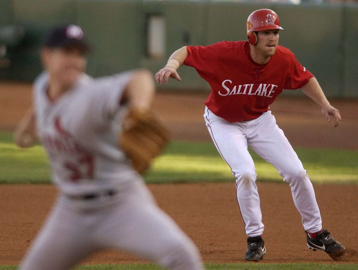 Salt Lake Stingers' center fielder Darin Erstad leads off of first base Friday night against the Memphis Redbirds at Franklin Covey Field in June 6, 2003, in Salt Lake City (Photo: Keith Johnson, Deseret News Photo Archives)