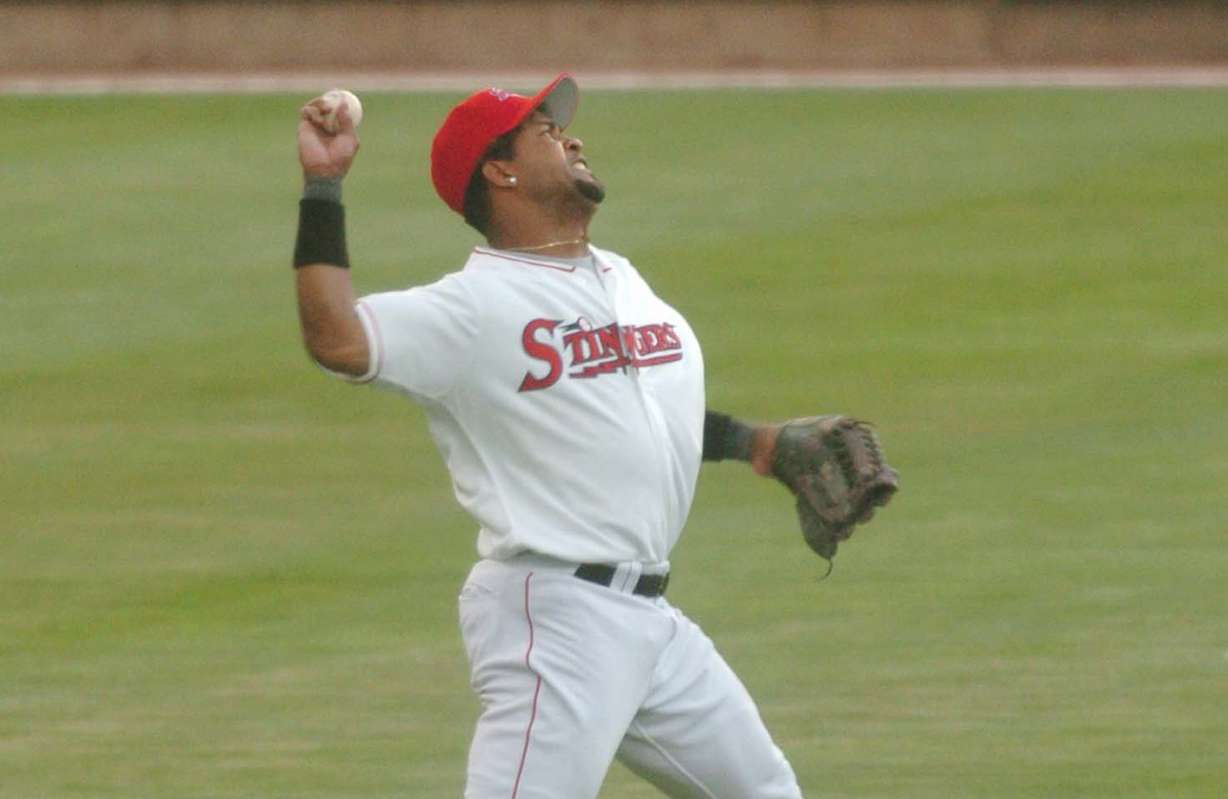 Raul Mondesi throws the ball from center field at Franklin Covey Field against the Edmonton Trappers in Salt Lake City on July 15, 2004. (Photo: Michael Brandy, Deseret News Photo Archives)