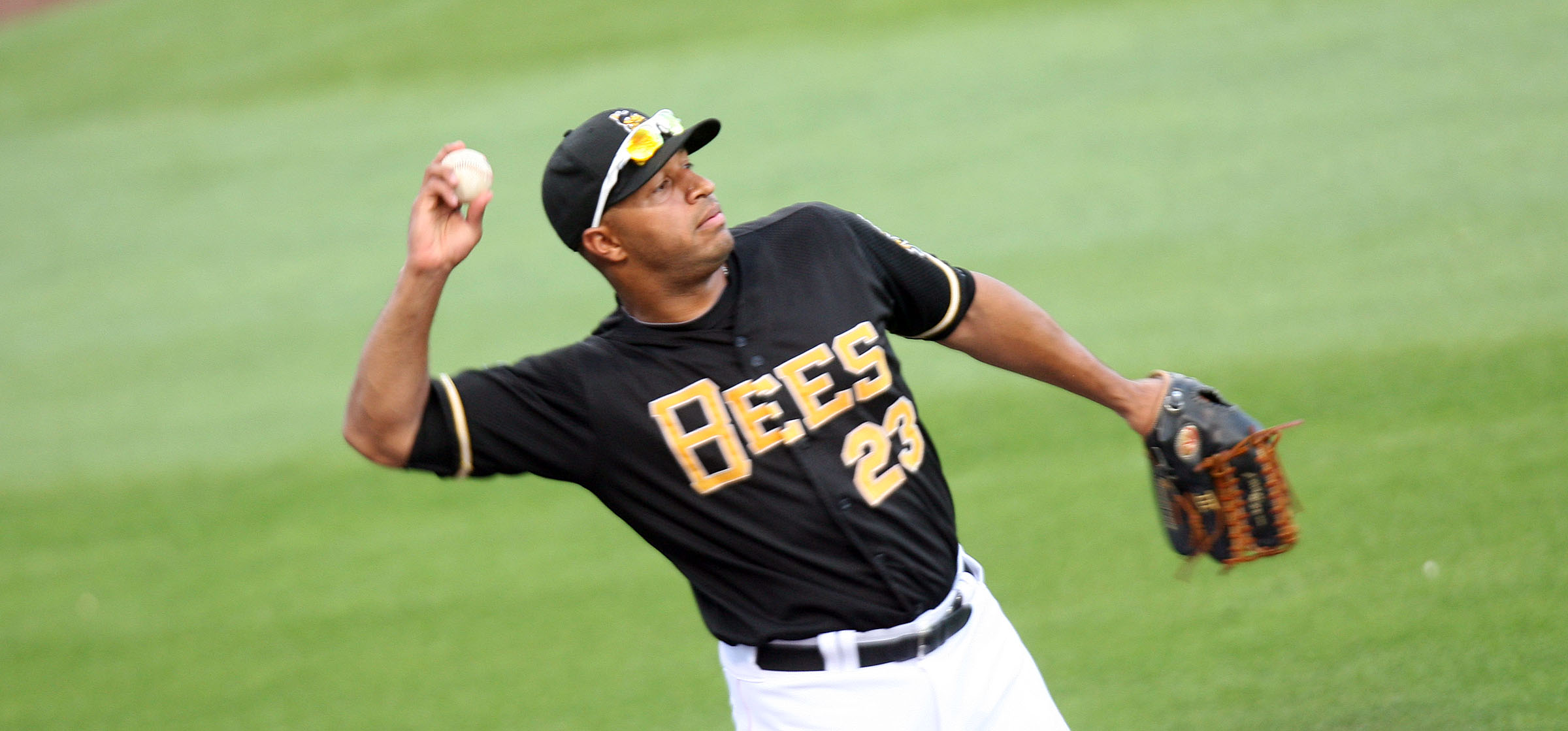 Bees left fielder Vernon Wells of the Salt Lake Bees fields a ball against the Fresno Grizzlies at Spring Mobile Ballpark in Salt Lake City Friday, July 20, 2012. (Photo: Brian Nicholson, Deseret News Photo Archives)