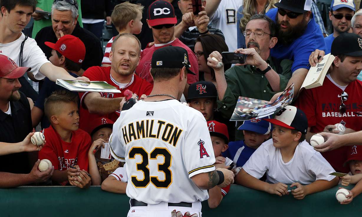 Josh Hamilton signs autographs before the Salt Lake Bees face the Albuquerque Isotopes in PCL baseball at Smith's Ballpark in Salt Lake City, Thursday, May 22, 2014. (Photo: Ravell Call, KSL, File)