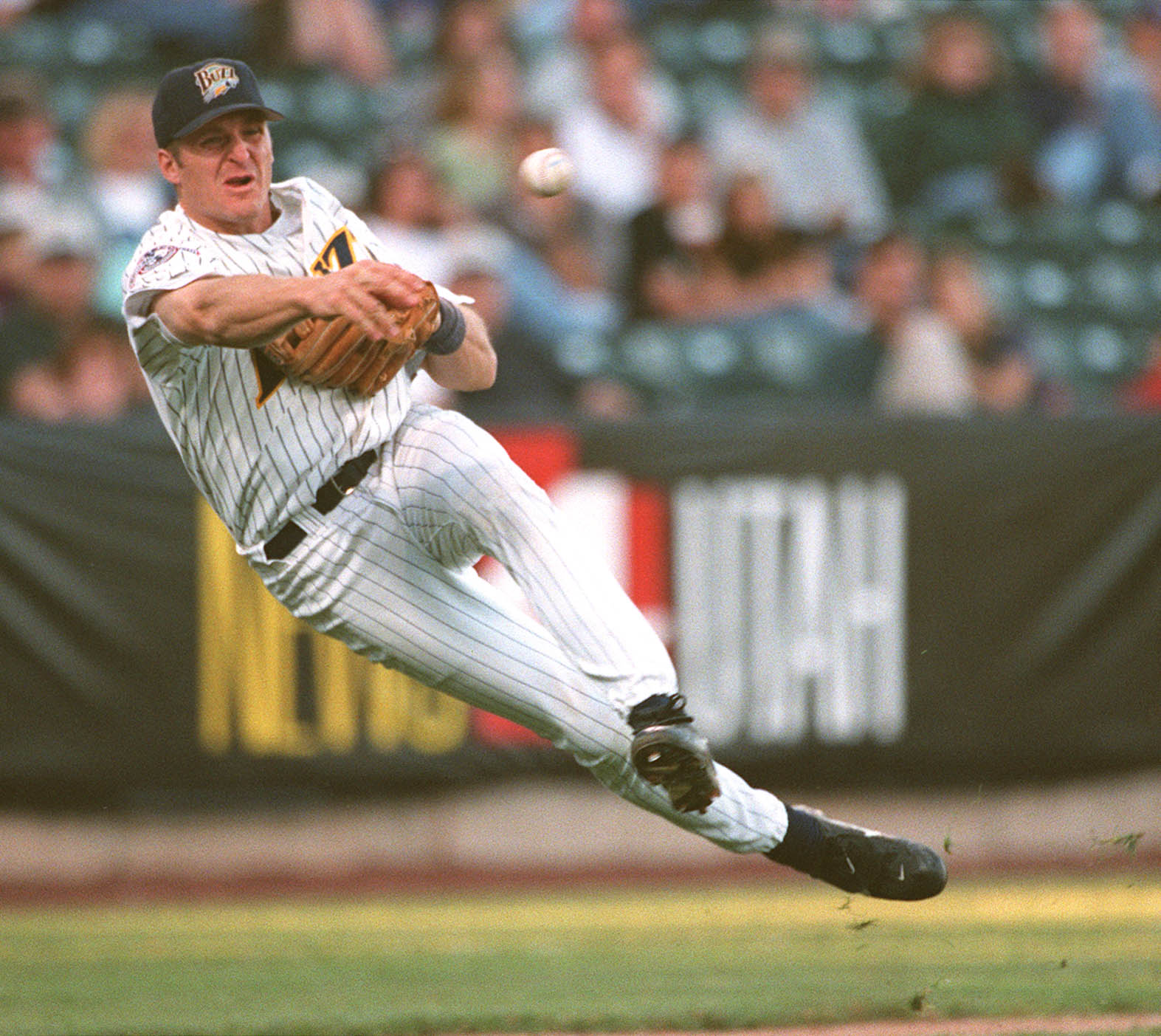 Salt Lake Buzz third baseman Corey Koskie fires a throw to first to get the runner after picking up a slow roller during game against Omaha on June 18, 1998. (Photo: Gary McKellar, Deseret News Photo Archives)