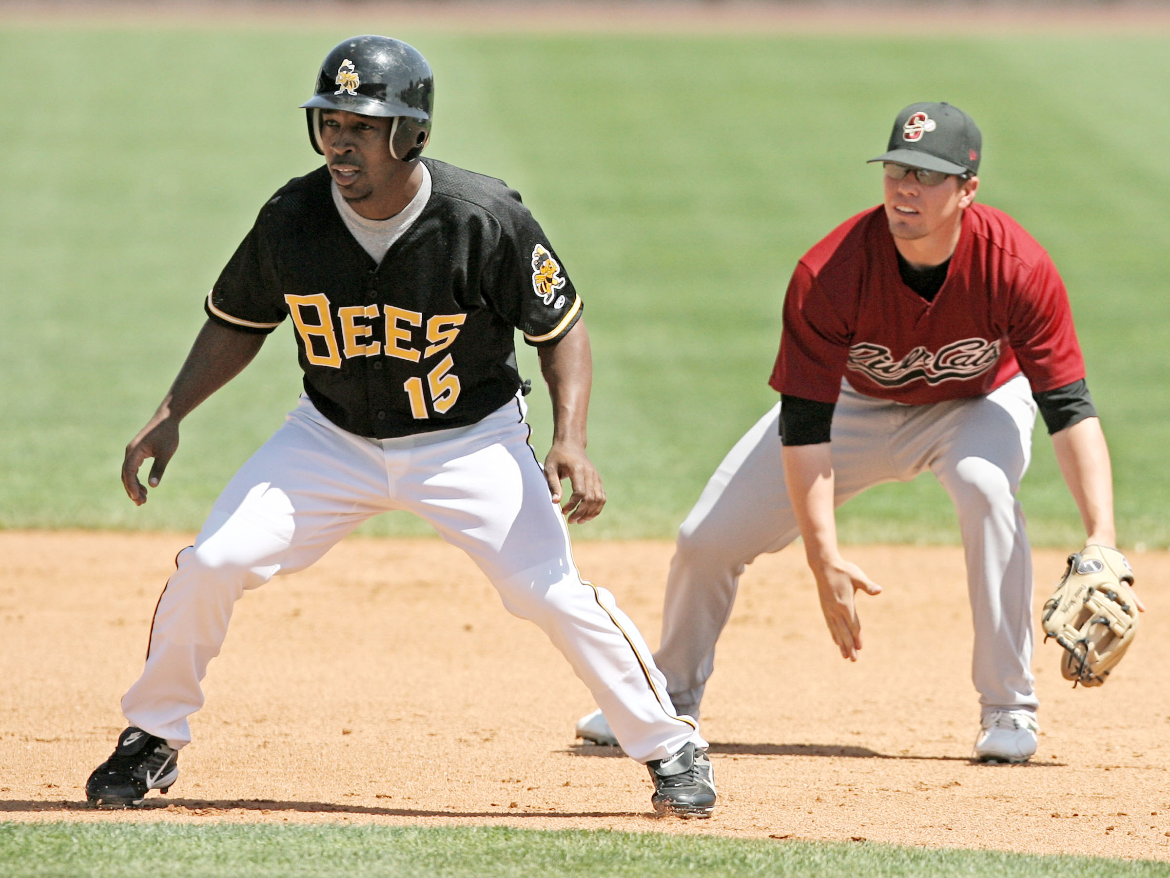 Chone Figgins leads off 2nd base after hitting a double during his last game for the Bees April 29, 2007, in Salt Lake City, Utah, before returning to the Angels. (Photo: Keith Johnson, Deseret Morning Photo Archives)