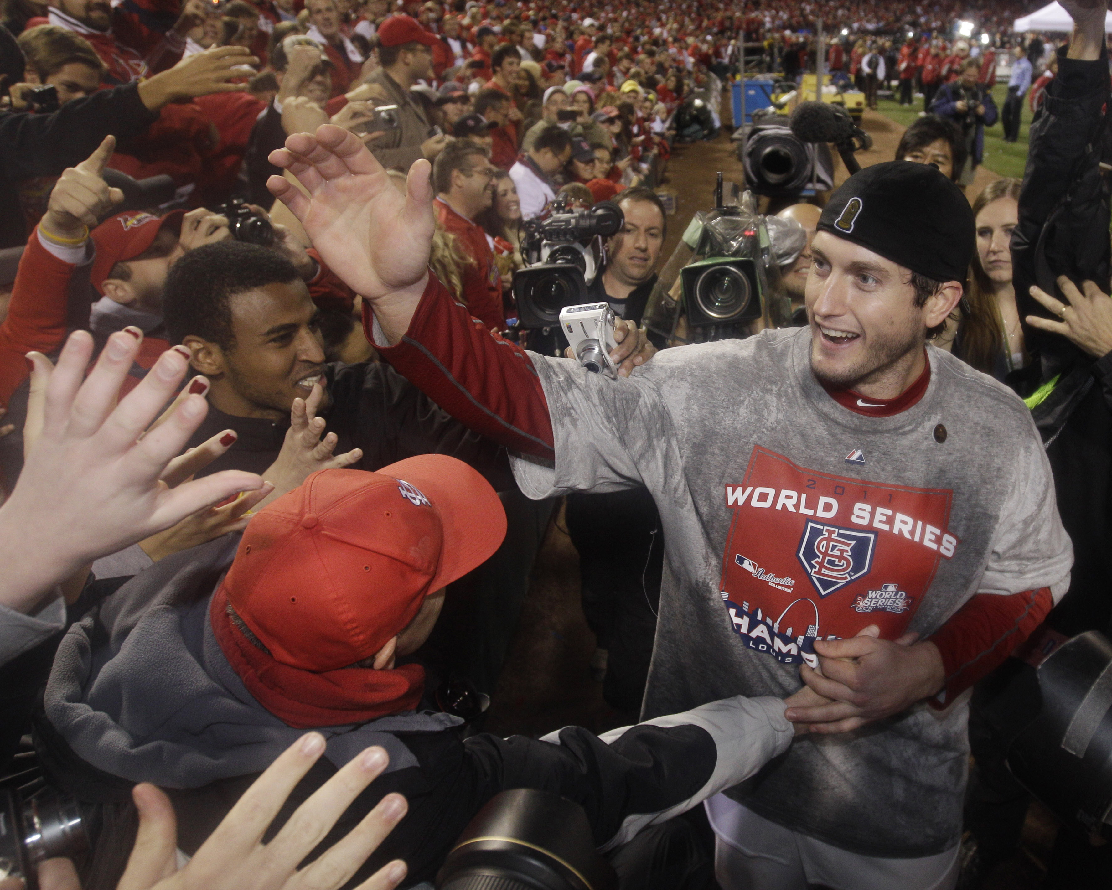 St. Louis Cardinals' David Freese celebrates after Game 7 of baseball's World Series against the Texas Rangers Friday, Oct. 28, 2011, in St. Louis. The Cardinals won 6-2 to win the series. (Matt Slocum, AP Photo, File)