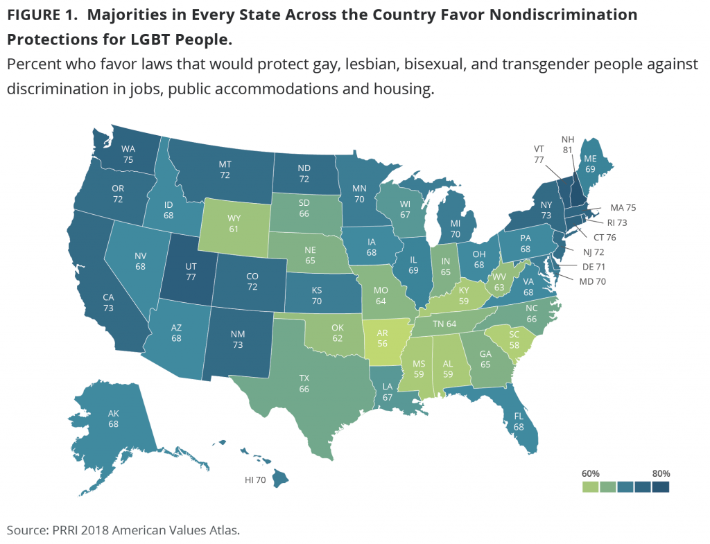 The Public Religion Research Institute released the results from a poll question that asked respondents if they favored or opposed “laws that would protect (LGBT) people against discrimination in jobs, public accommodations and housing.” (Graphic: Public Religion Research Institute)