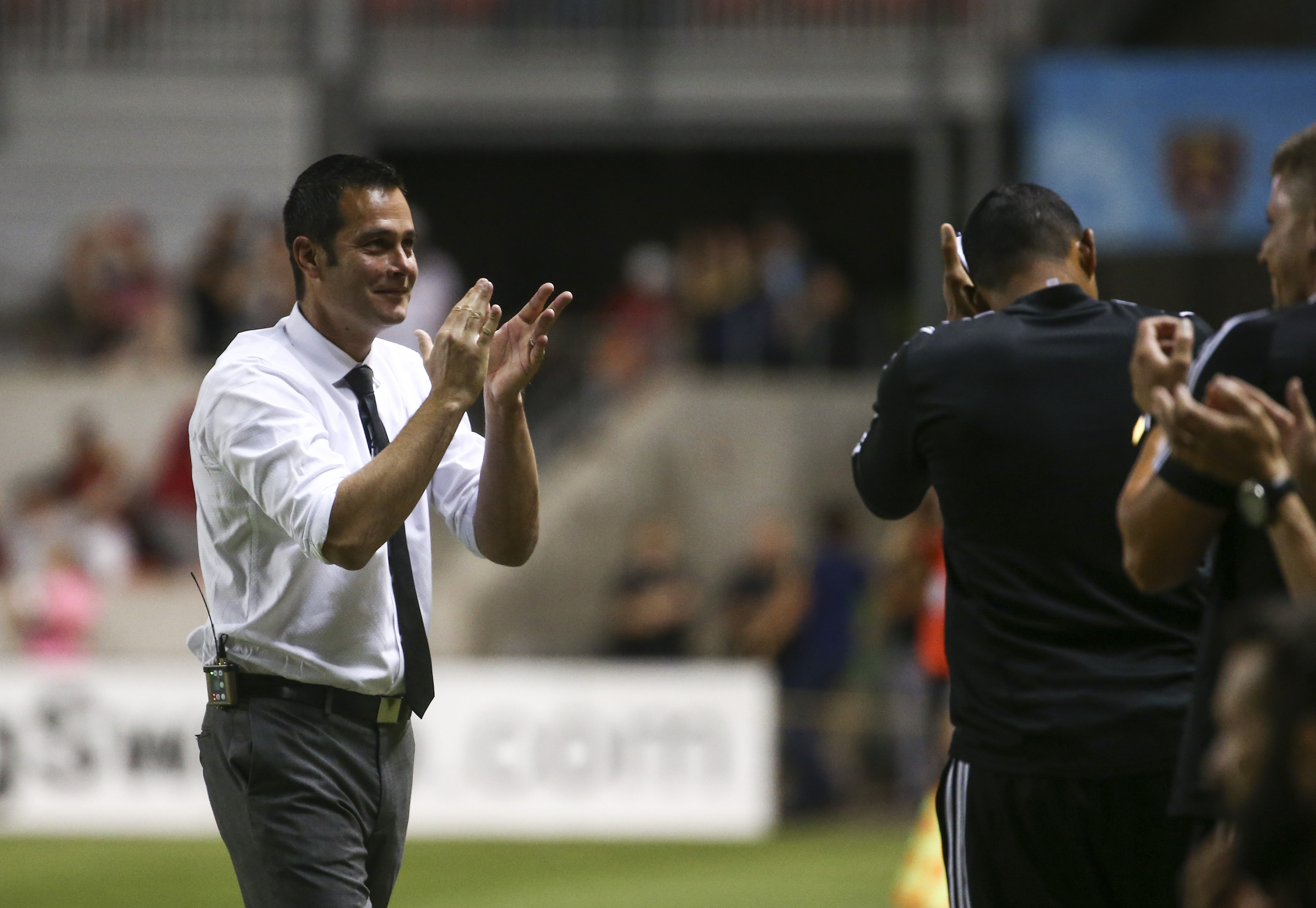 Real Salt Lake head coach Mike Petke celebrates the fourth goal of the night during the second half of a game at Rio Tinto Stadium in Sandy on Saturday, July 13, 2019. (Photo: Colter Peterson, KSL)