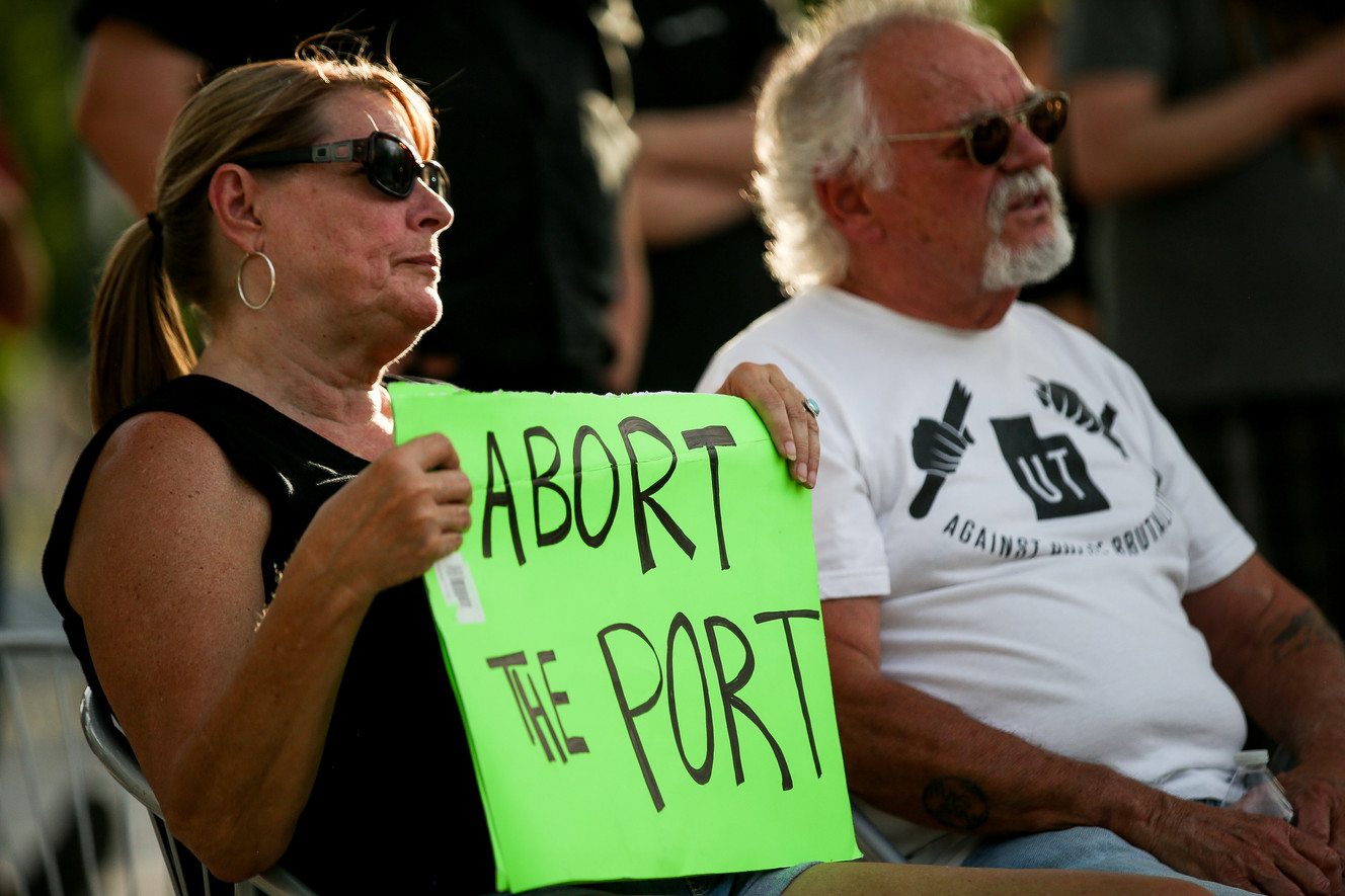 Cynda Nygaard and John Ause, both of Salt Lake City, attend a rally held by Utah Against Police Brutality at the Public Safety Building in Salt Lake City on Tuesday, July 23, 2019. (Photo: Spenser Heaps, KSL)