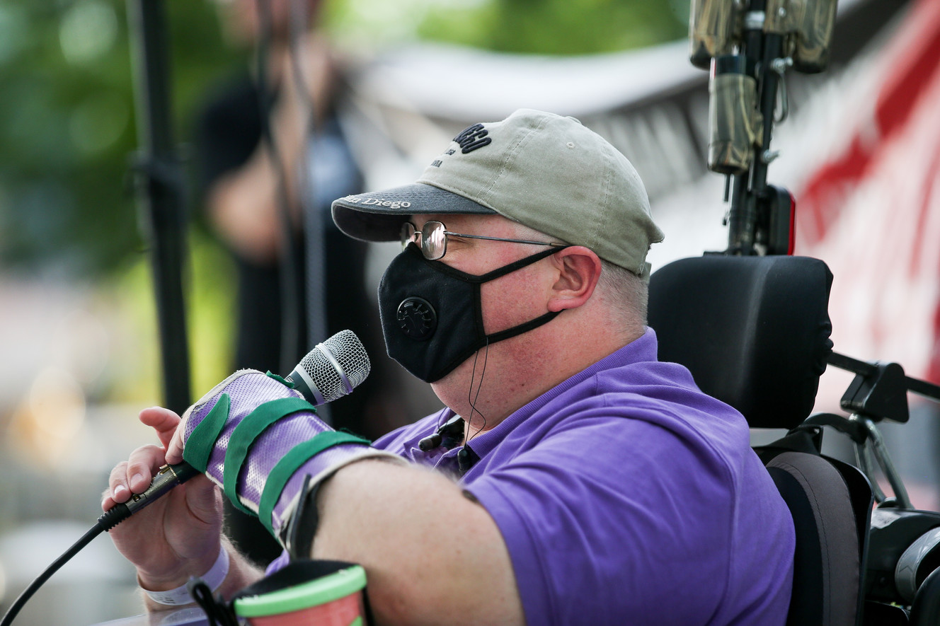 Adam Guymon, of Salt Lake City, speaks at a rally held by Utah Against Police Brutality at the Public Safety Building in Salt Lake City on Tuesday, July 23, 2019. (Photo: Spenser Heaps, KSL)