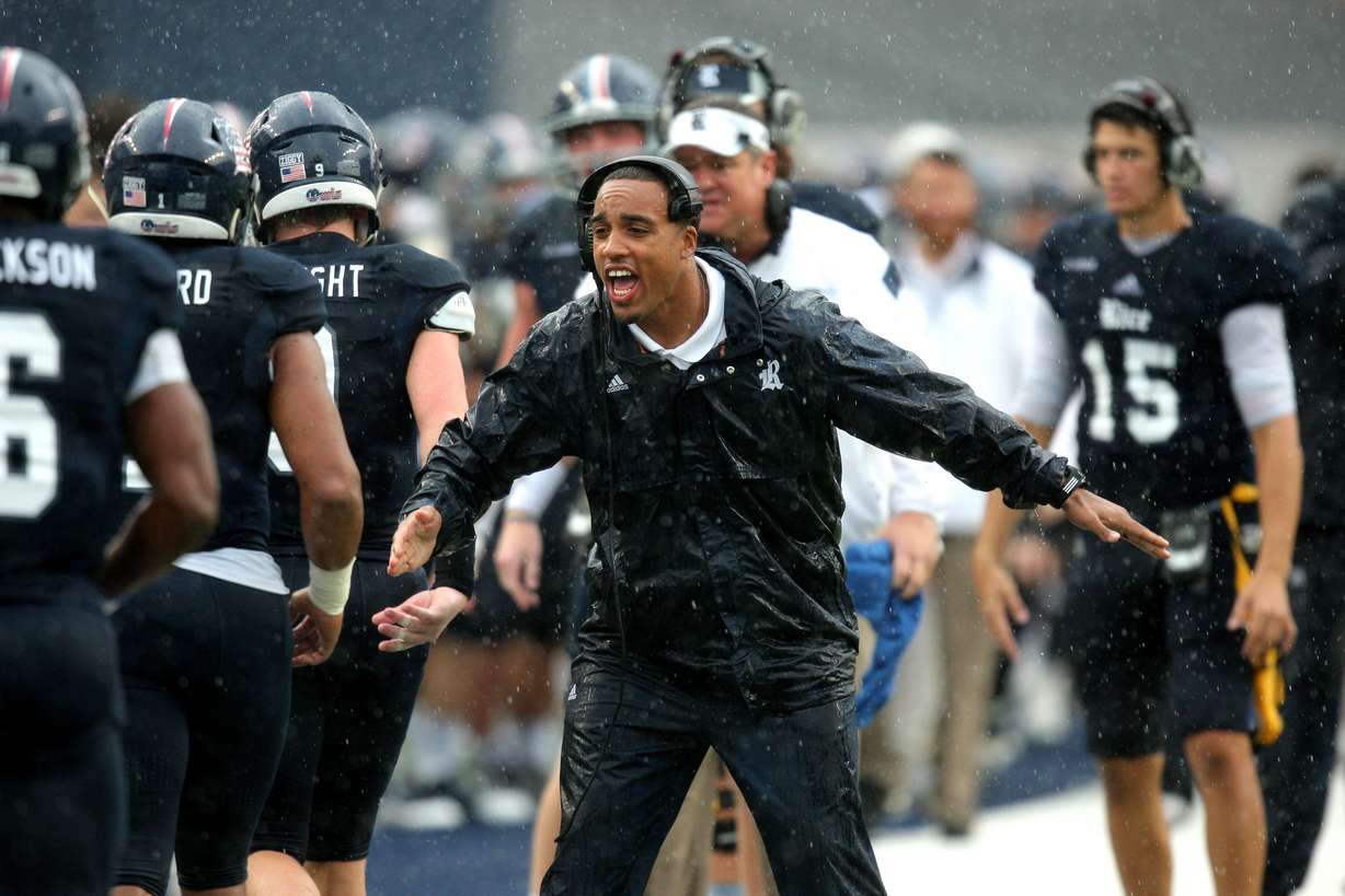 Rice running backs coach AJ Steward coaches during an Owls game. Now at BYU, Steward has taken advantage of graduate transfer rules to bring in a pair of running backs to Provo.(Courtesy photo: Rice University)