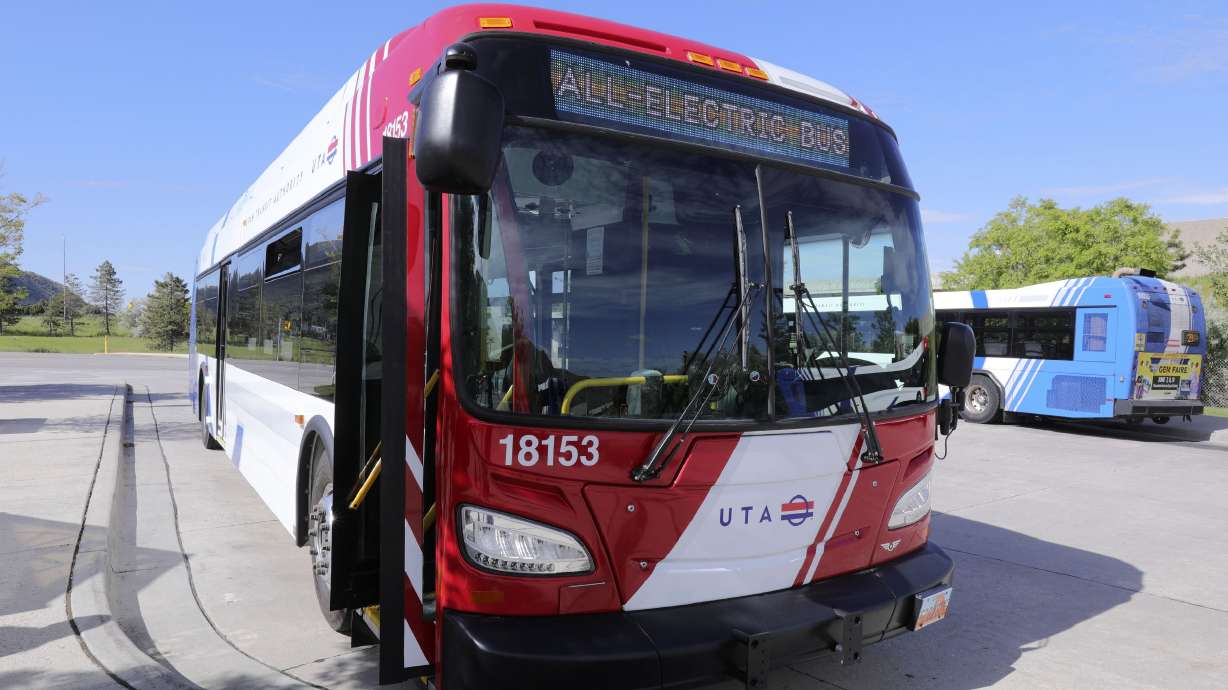 A Utah Transit Authority bus parked outside of a Park & Ride in Millcreek on May 31, 2019. A proposed bill filed in the Utah Legislature Monday would ban UTA from collecting fares.