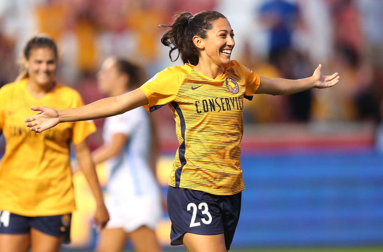 Utah Royals FC forward Christen Press (23) celebrates after scoring a goal as the Royals and Sky Blue FC play at Rio Tinto Stadium in Sandy on Wednesday, Aug. 7, 2019. (Photo: Scott G Winterton, KSL)
