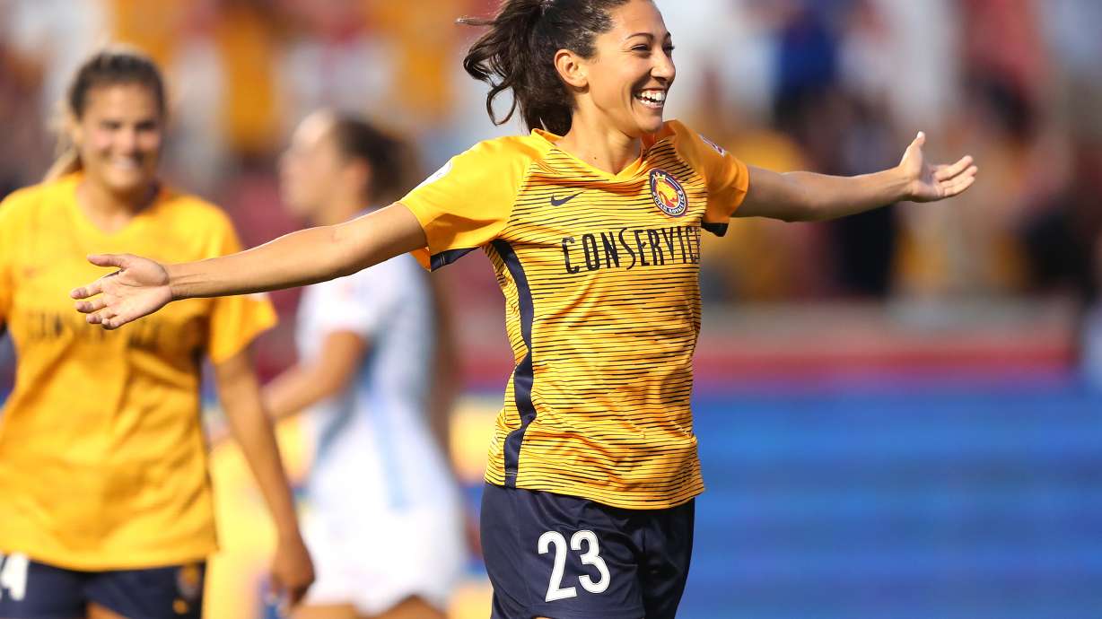 Utah Royals FC forward Christen Press (23) celebrates after scoring a goal as the Salt Lake Royals and Sky Blue FC play at Rio Tinto Stadium in Sandy on Wednesday, Aug. 7, 2019.