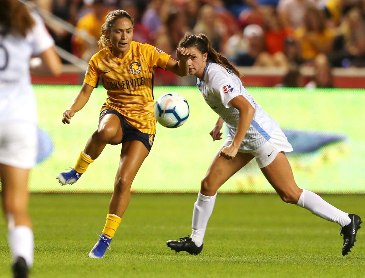 Utah Royals FC midfielder Lo'eau LaBonta (9) passes the ball as the Salt Lake Royals and Sky Blue FC play at Rio Tinto Stadium in Sandy on Wednesday, Aug. 7, 2019. (Photo: Scott G Winterton, KSL)