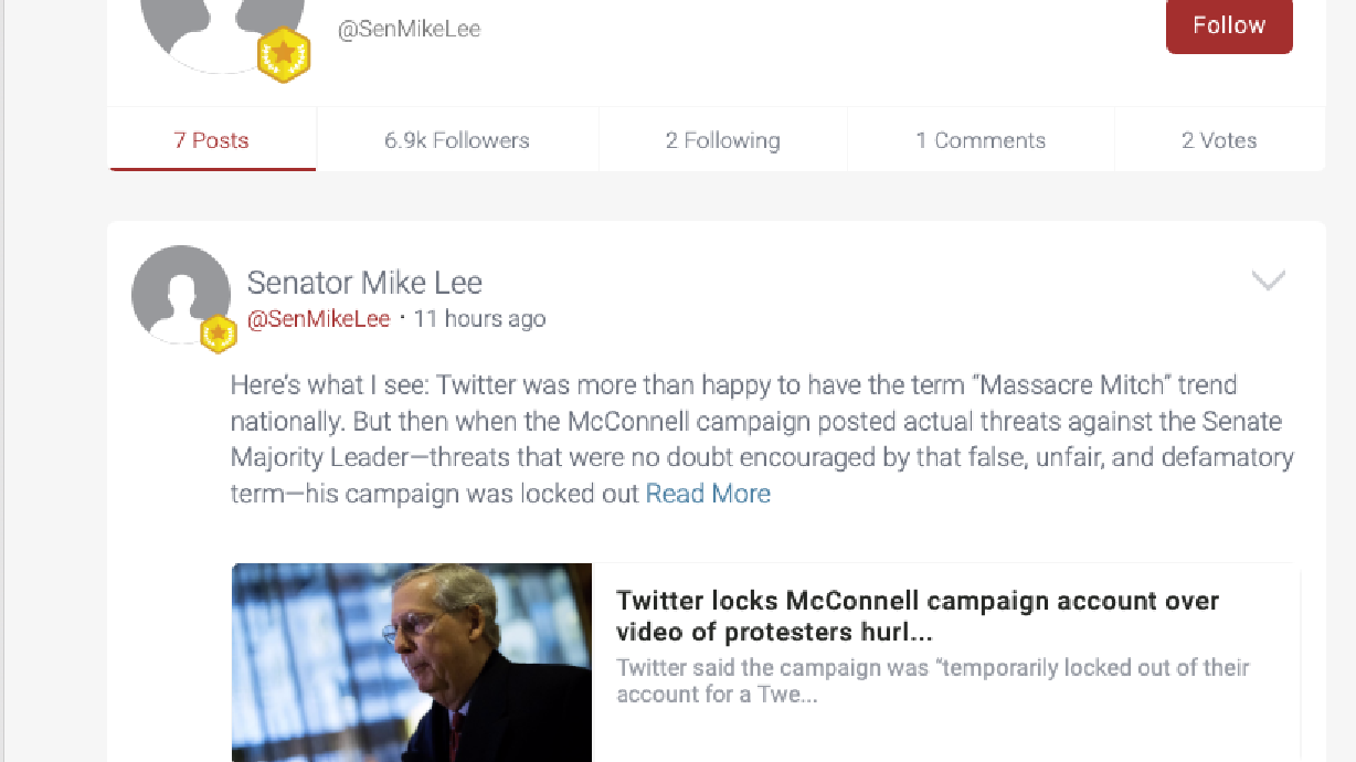 Why has Utah Sen. Mike Lee joined a Twitter alternative and is urging others to do the same?