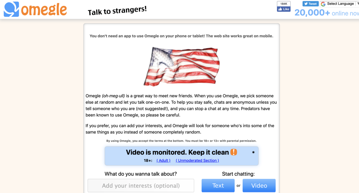 Omegle randomly pair users in one-on-one anonymous text or video chats. (Photo: Screenshot of Omegle)