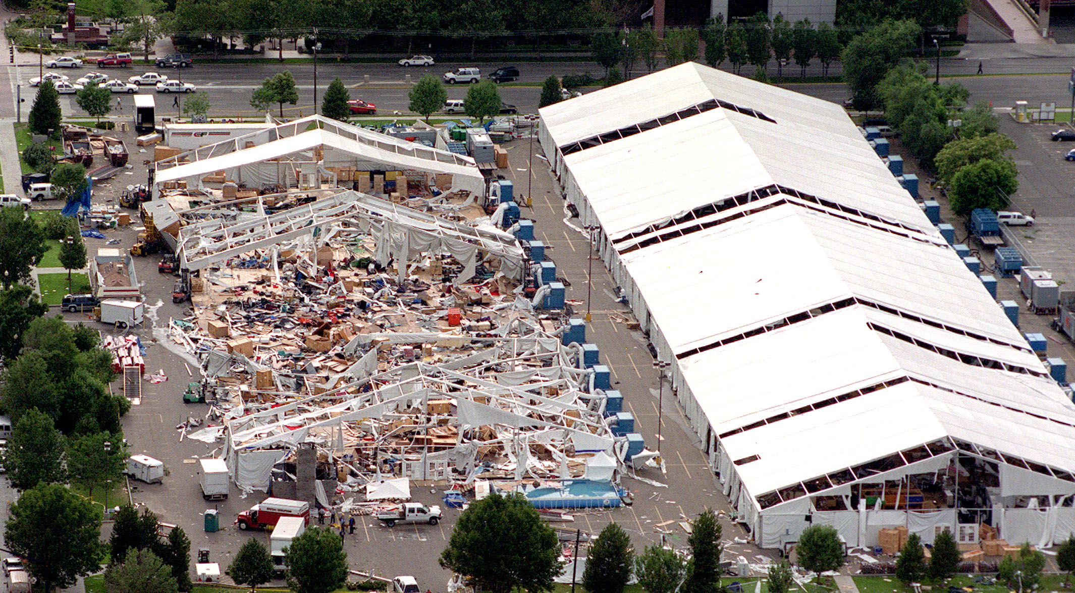 Temporary exhibition space at the Salt Palace Convention Center set up to host the Outdoor Retailers Show was destroyed by a rare and sudden tornado Wednesday, August 11, 1999, in Salt Lake City, Utah. (Photo: Gary McKellar, Deseret News Photo Archive)