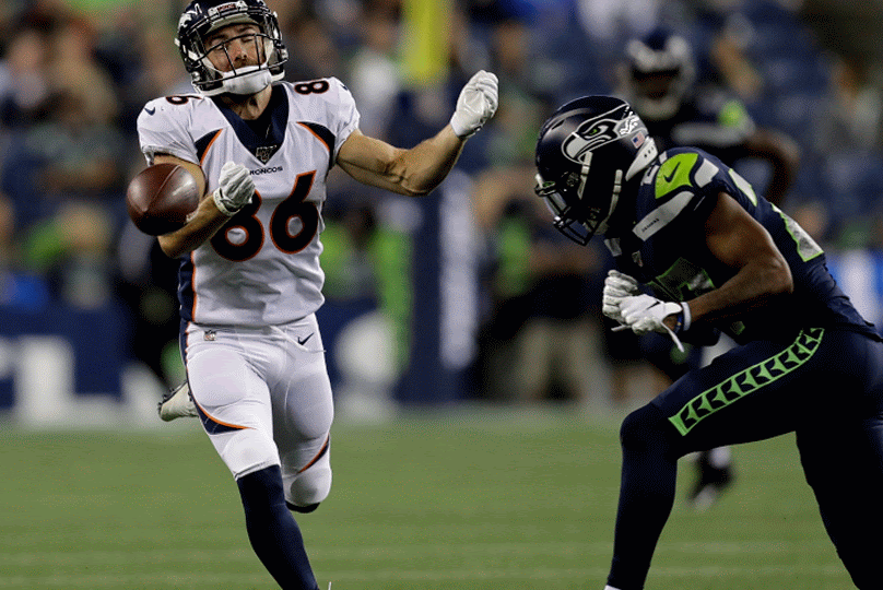 Seattle Seahawks defensive back Marquise Blair, right, hits Denver Broncos wide receiver Nick Williams, left, drawing a penalty flag for unnecessary roughness during the second half of an NFL football preseason game Thursday, Aug. 8, 2019, in Seattle. (Photo: Stephen Brashear, AP)