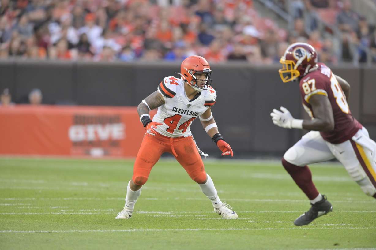 Cleveland Browns linebacker Sione Takitaki defends during an NFL preseason football game against the Washington Redskins, Thursday, Aug. 8, 2019, in Cleveland. Cleveland won 30-10. (Photo: David Richard, AP)