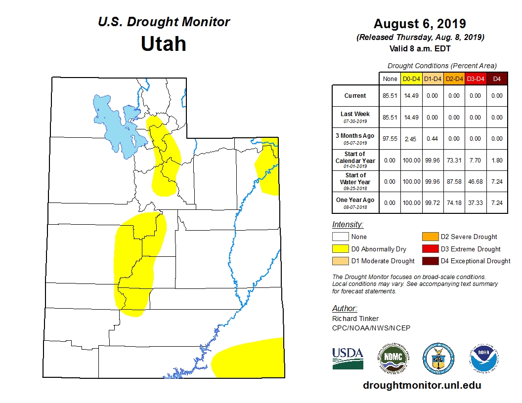 The U.S. Drought Monitor map of Utah as of Tuesday, Aug. 6, 2019. The data collected was before storms caused flooding in the Wasatch backcountry, which is among the sections that was "abnormally dry." (Graphic: U.S. Drought Monitor)