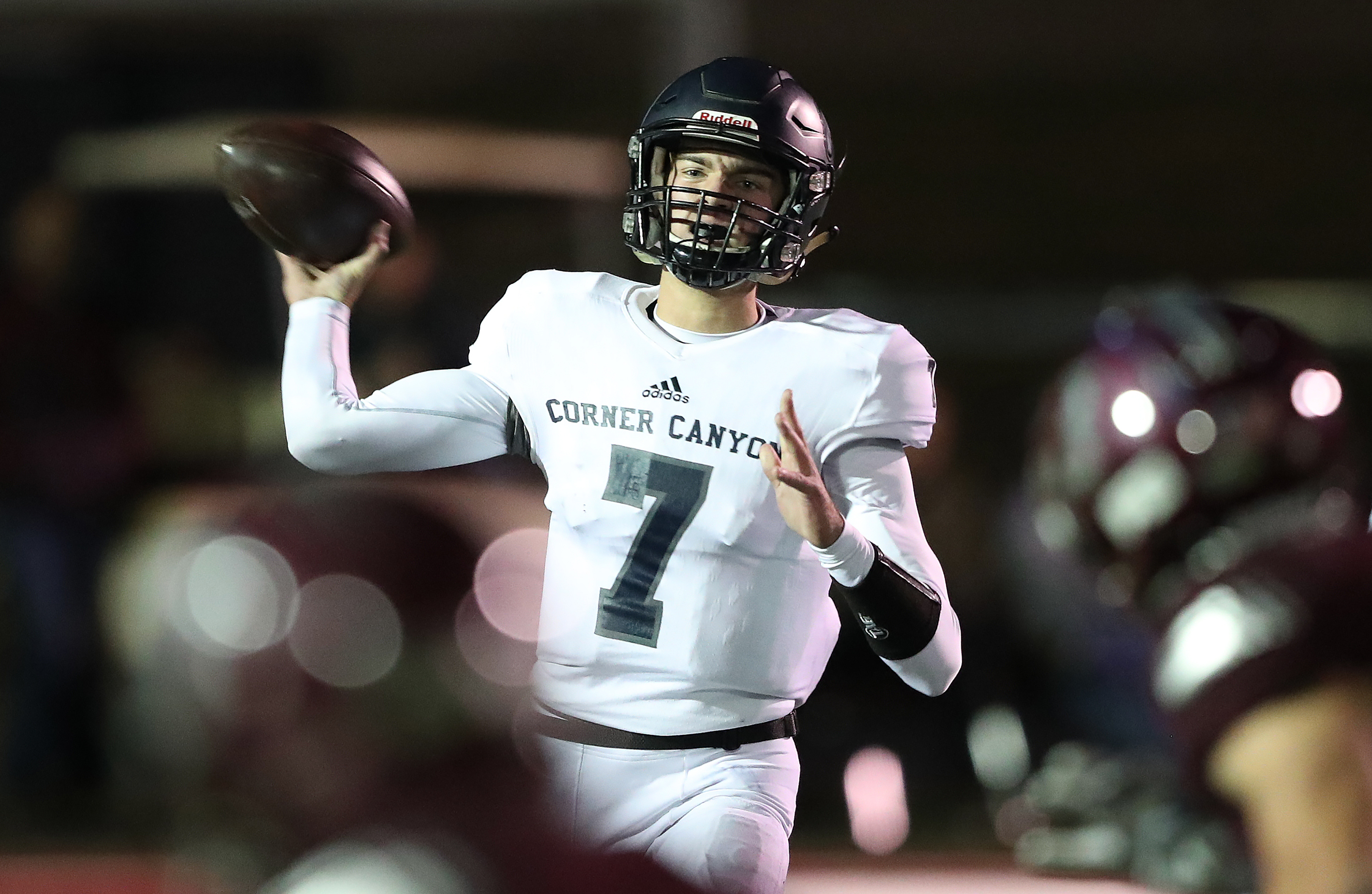 Corner Canyon's Cole Hagen looks to pass the ball as they and Jordan play play on Wednesday, Oct. 17, 2018. Corner Canyon won 28-20. (Photo: Scott G Winterton, KSL)