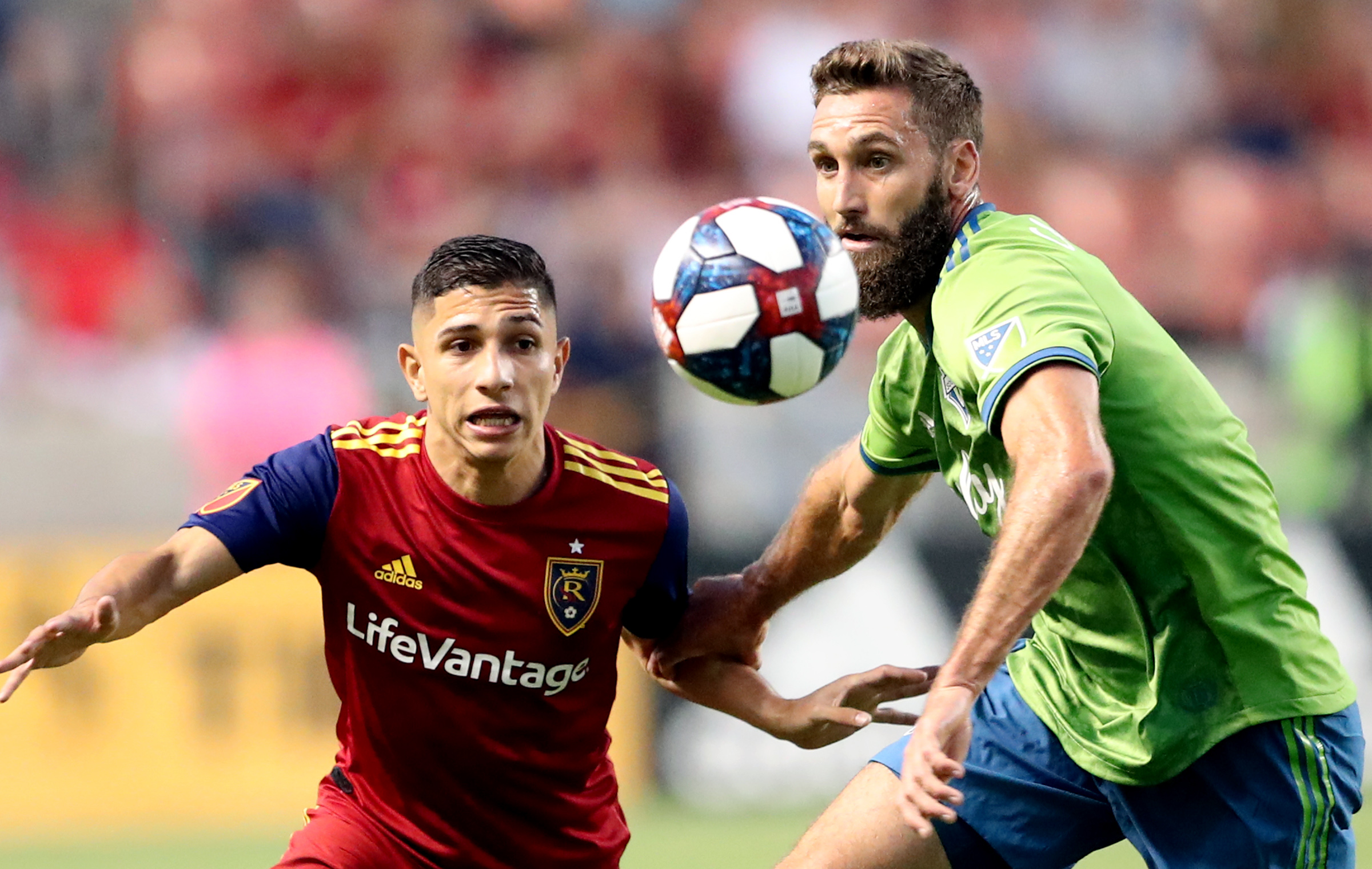 Jefferson Savarino eyes the ball against Seattle Sounders FC during Real Salt Lake's 3-0 win, Wednesday, Aug. 14, 2019 at Rio Tinto Stadium in Sandy. (Photo: Scott G Winterton, KSL)