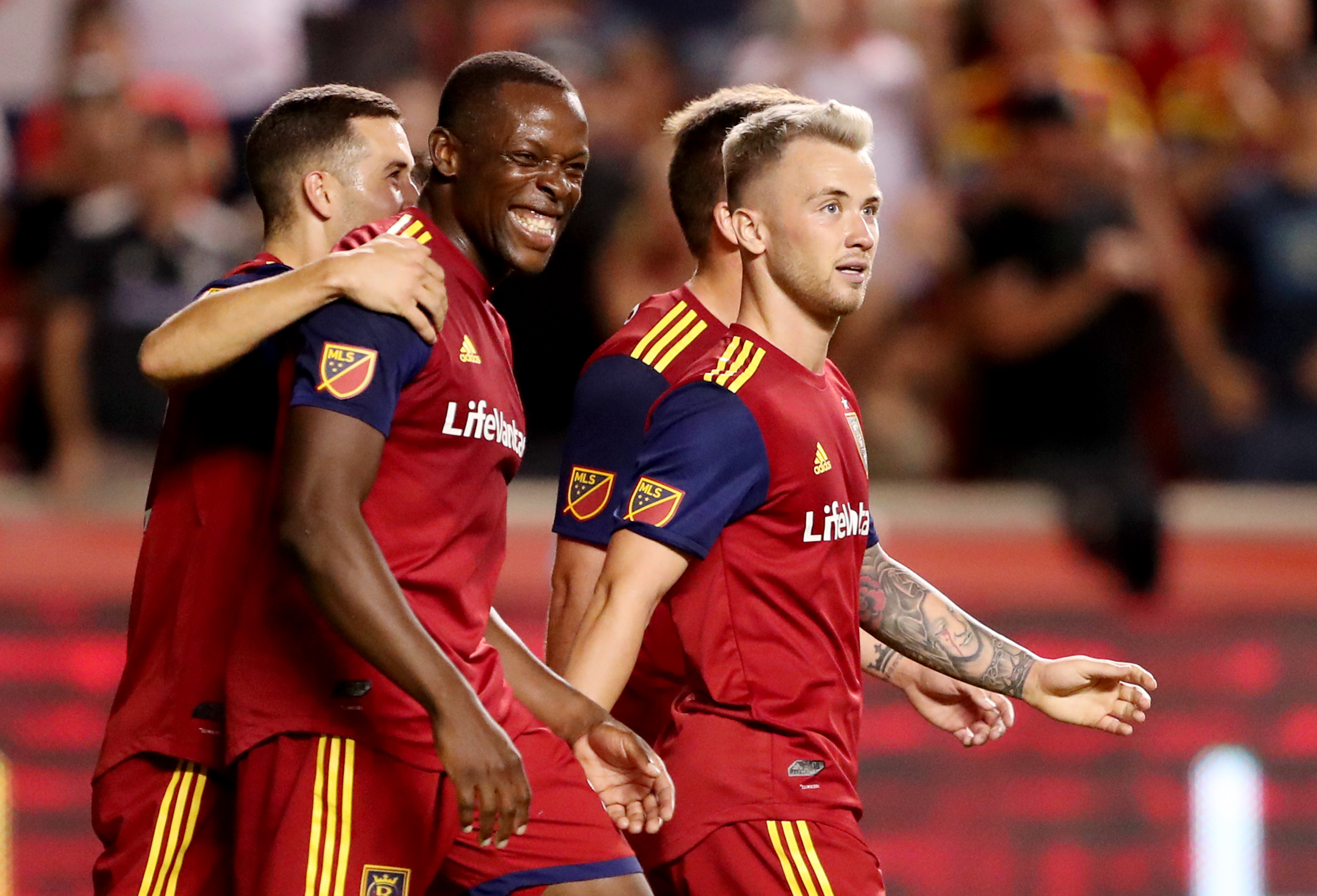 Nedum Onuoha, Albert Rusnak, Aaron Herrera (behind) celebrate a goal during Real Salt Lake's 3-0 rout of Seattle Sounders FC, Wednesday, Aug. 14, 2019 at Rio Tinto Stadium in Sandy. (Photo: Scott G Winterton, Deseret News)